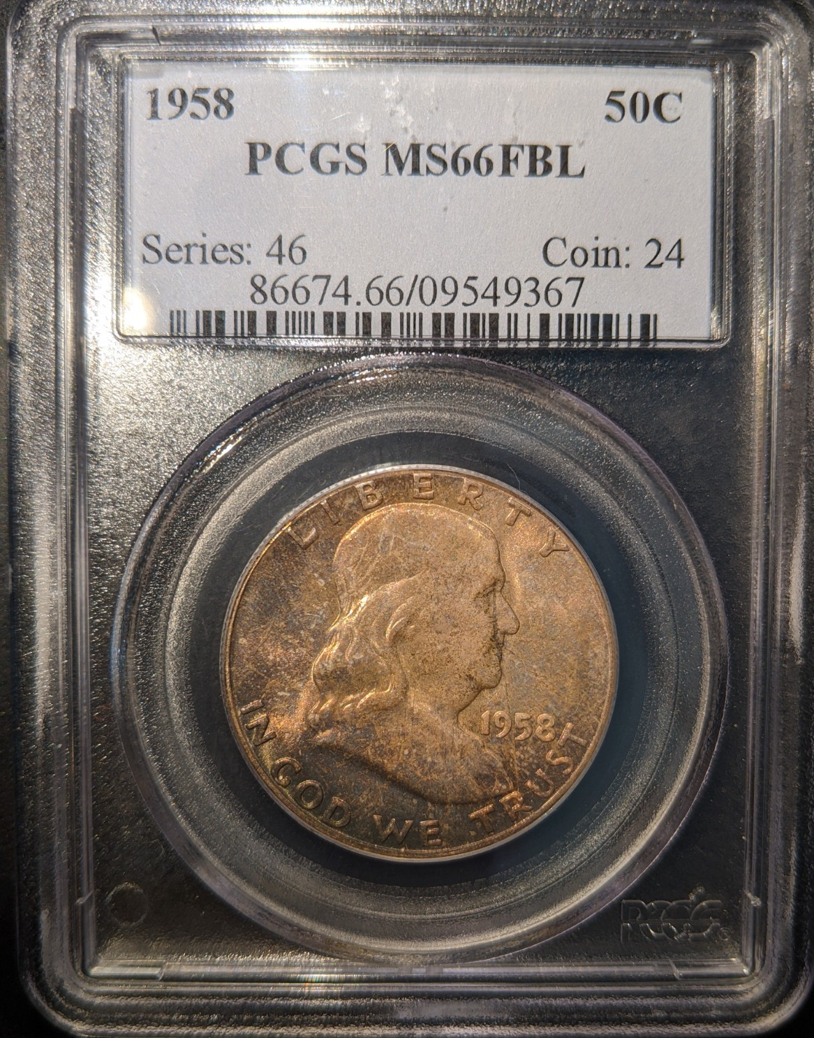 1958 PCGS ms66fbl FBL Full Bell Line Franklin Half Dollar Beautiful Tone OBH