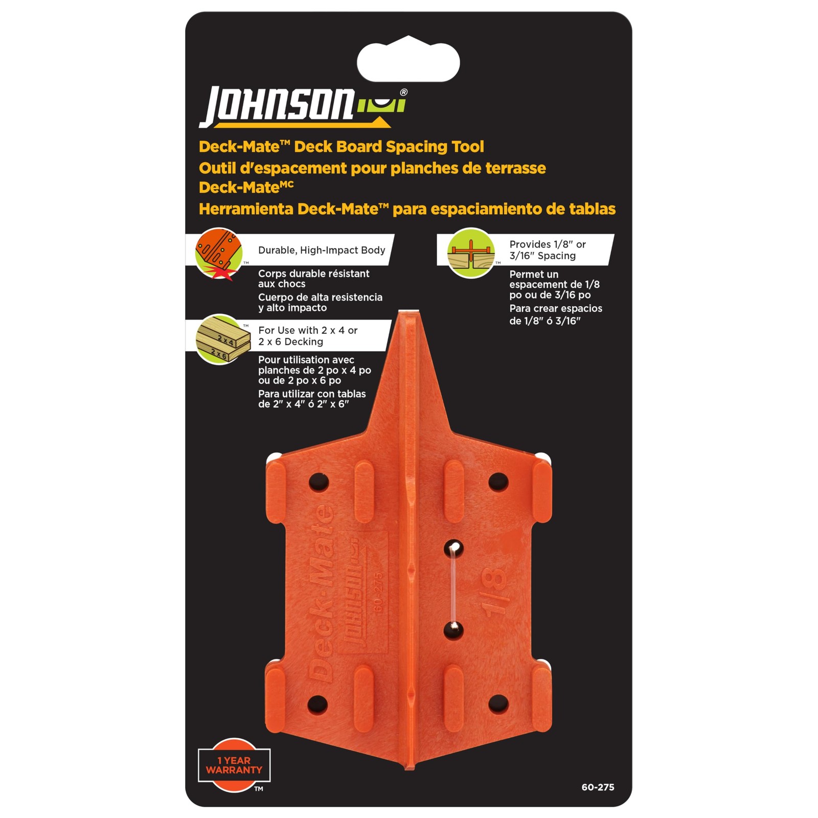 Johnson Level & Tool 60-275 Deck Mate, Deck Board Spacing Tool, Orange, 1 Level*
