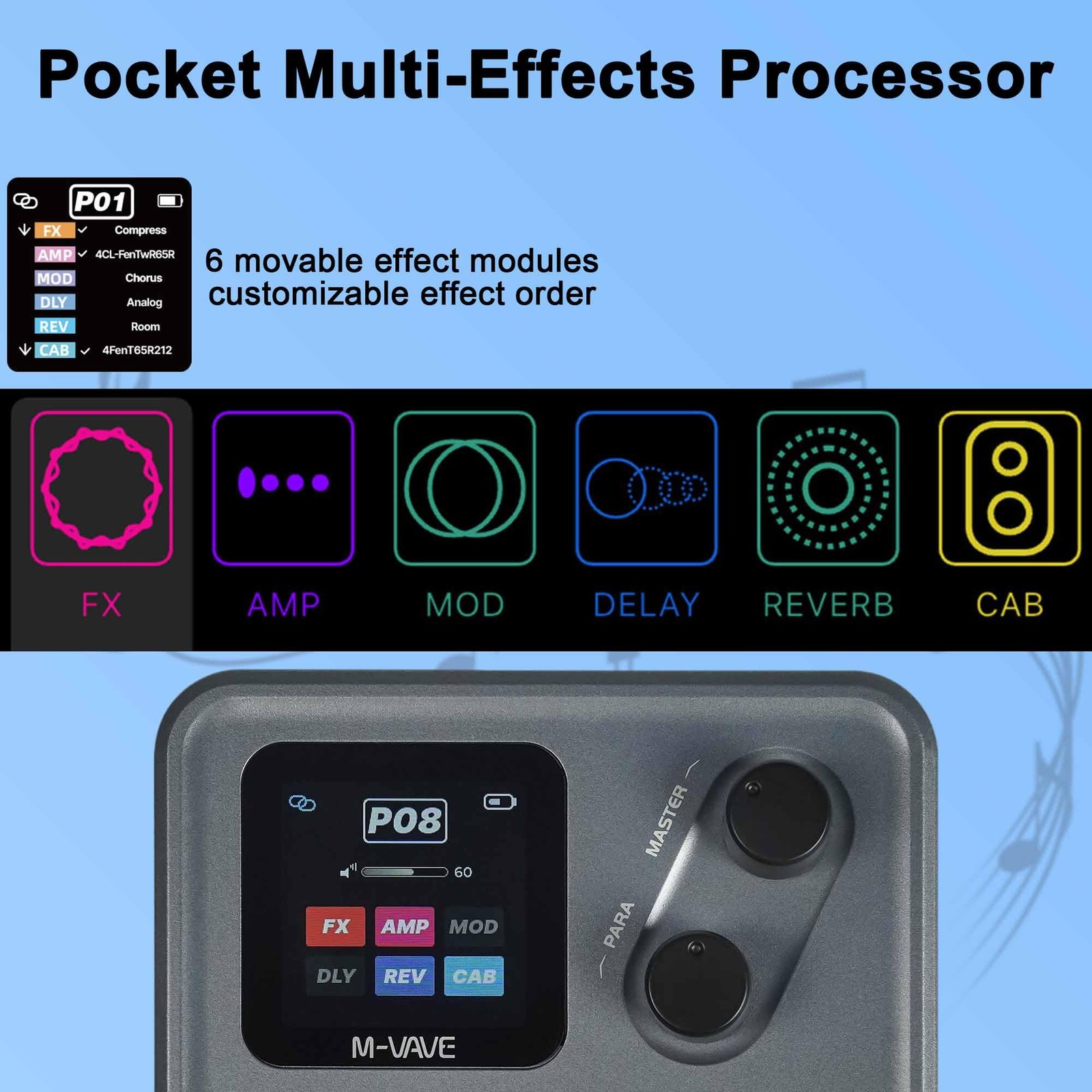 M-VAVE Pocket AMP Multi Effects Pedal Processor with 6 Modules, 80 Editable E...