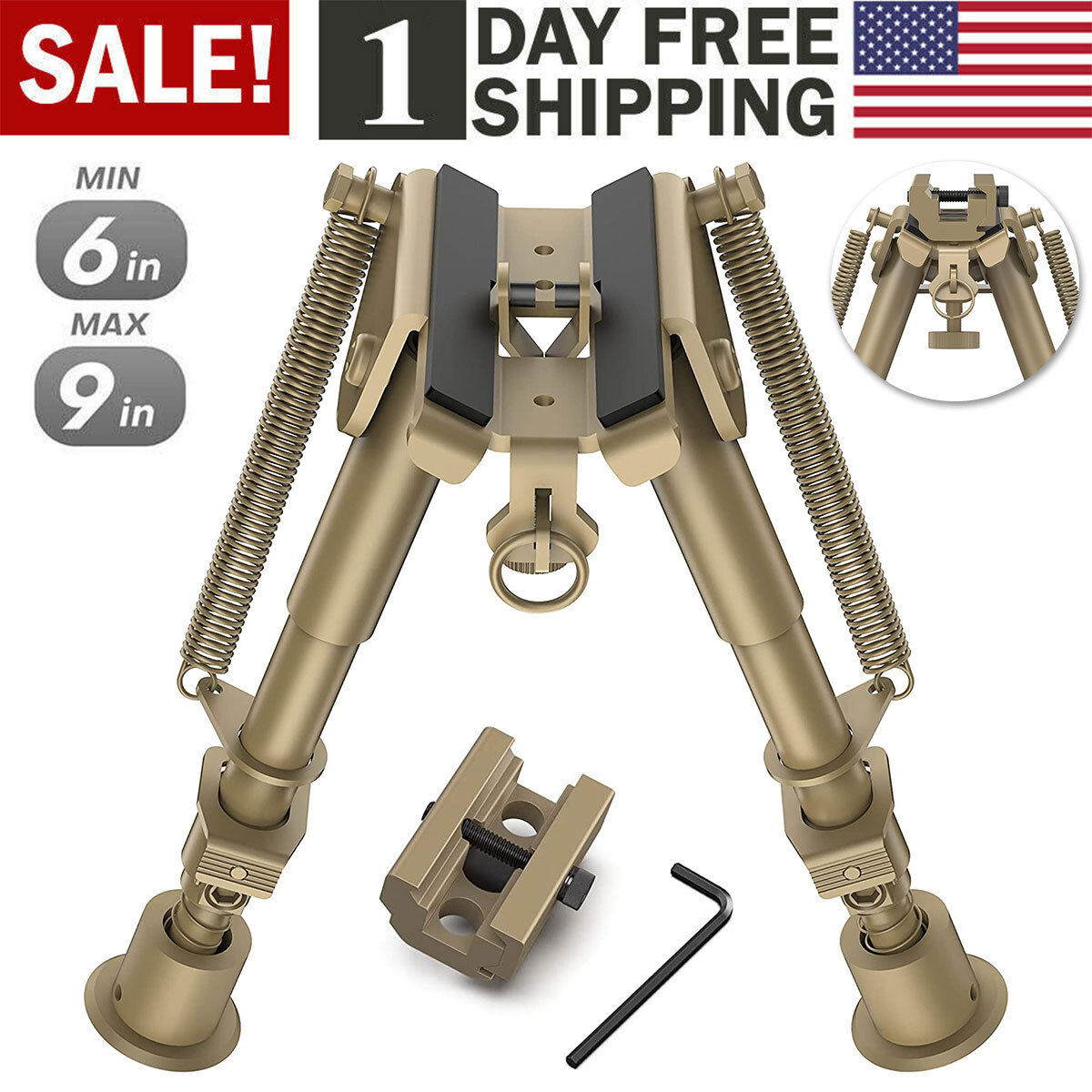 6-9 Inch Spring Return Rifle Bipod Hunting Bipod w/ Picatinny Rail Mount Adapter
