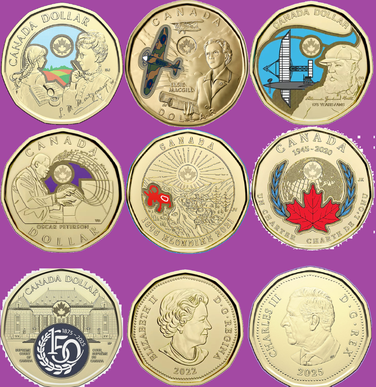 Full Set 2020 - 2025 Canada Colored Loonies. Seven One Dollar $1 Coins. Mint UNC