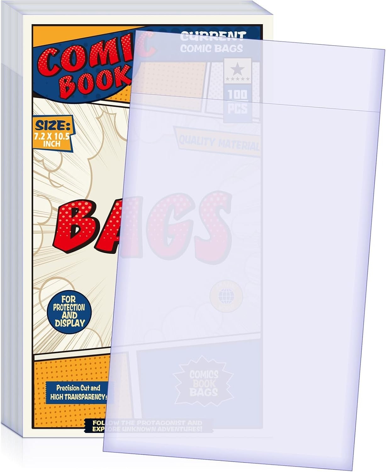 100 Pack Resealable Acid-Free Comic Book Bags - Crystal Clear, 7.2 x 10.5 Inches