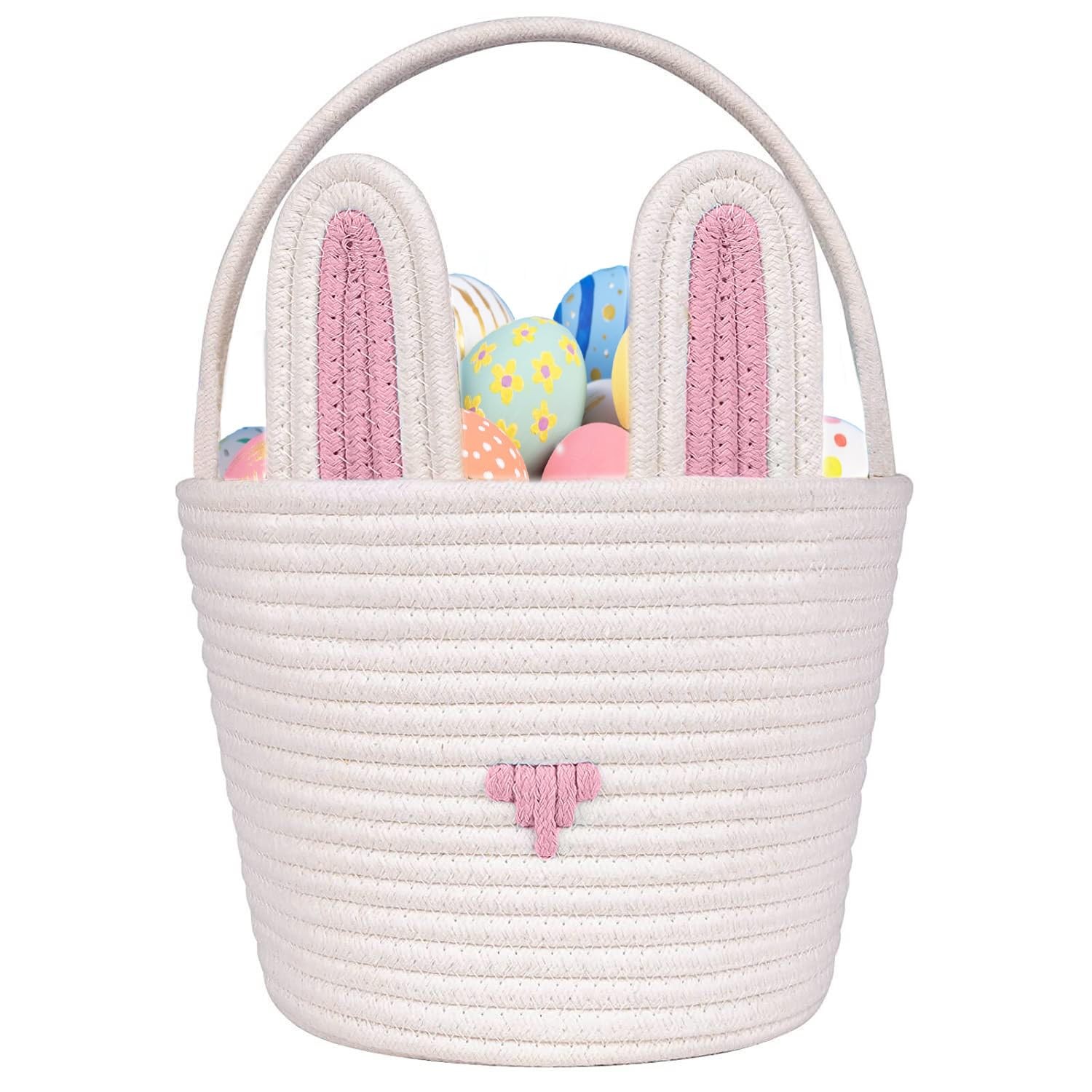 Pink Large Empty Easter Bunny Basket Woven Cotton Rope Gift Bags Ribbons Bin