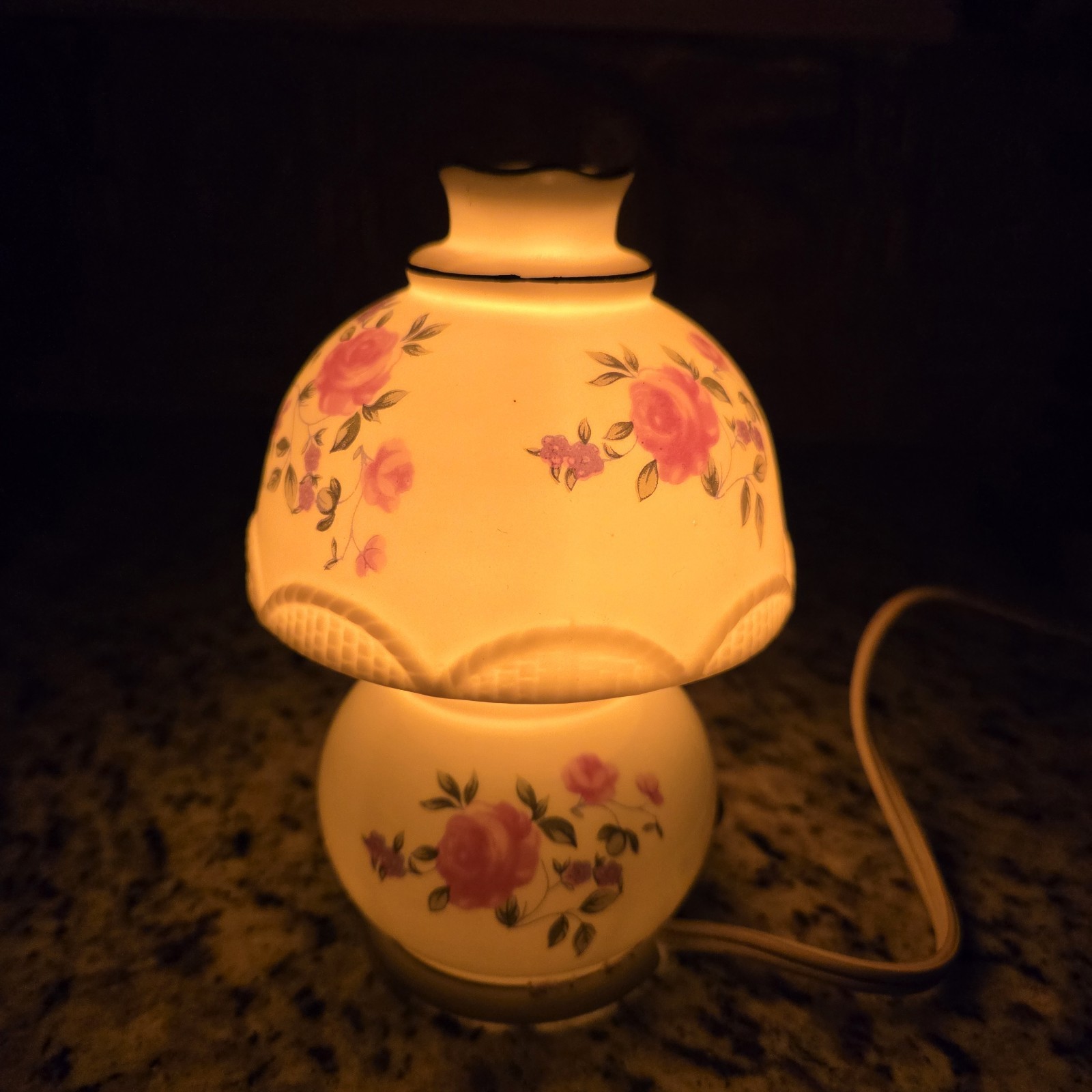 Vintage Porcelain Lantern Night Accent Light Pink Rose Floral Design