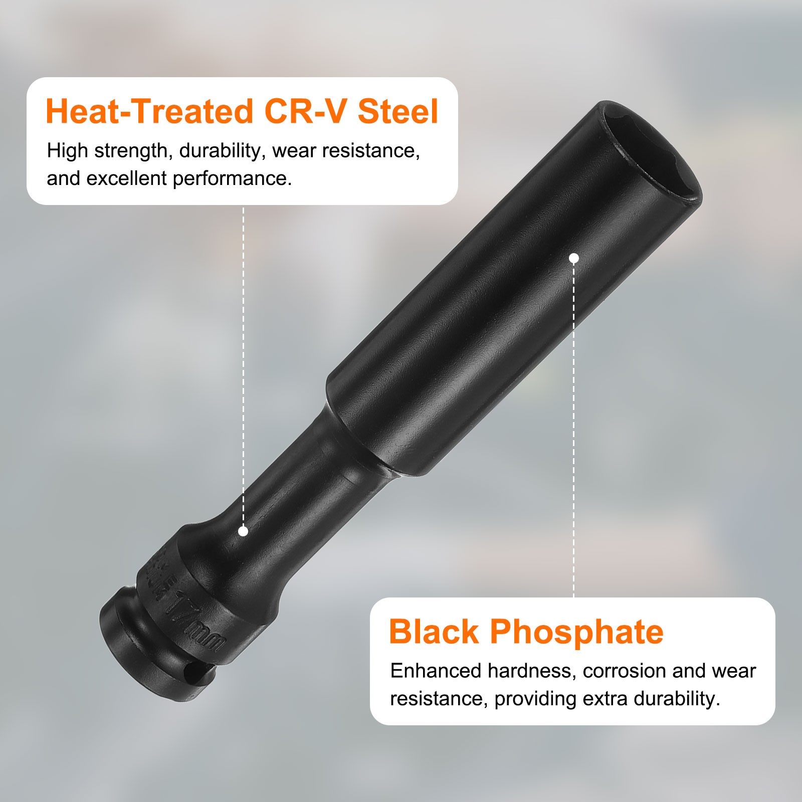 Thin Wall 6 Point Impact Socket 17mm Socket 1/2" Drive 5" Extra Long CR-V Steel