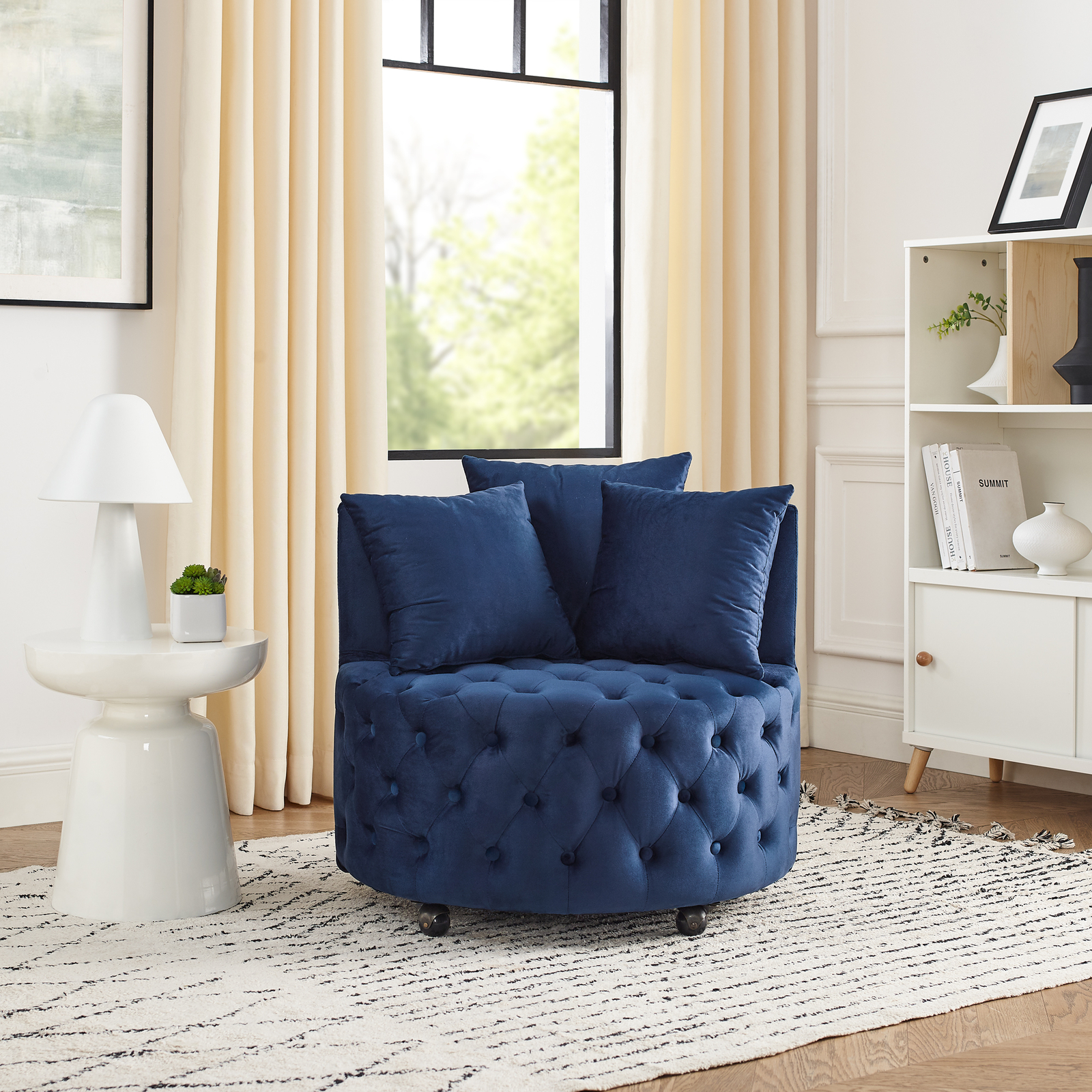 Velvet Upholstered Swivel Chair for Living Room w/ Button Tufted Design, Blue