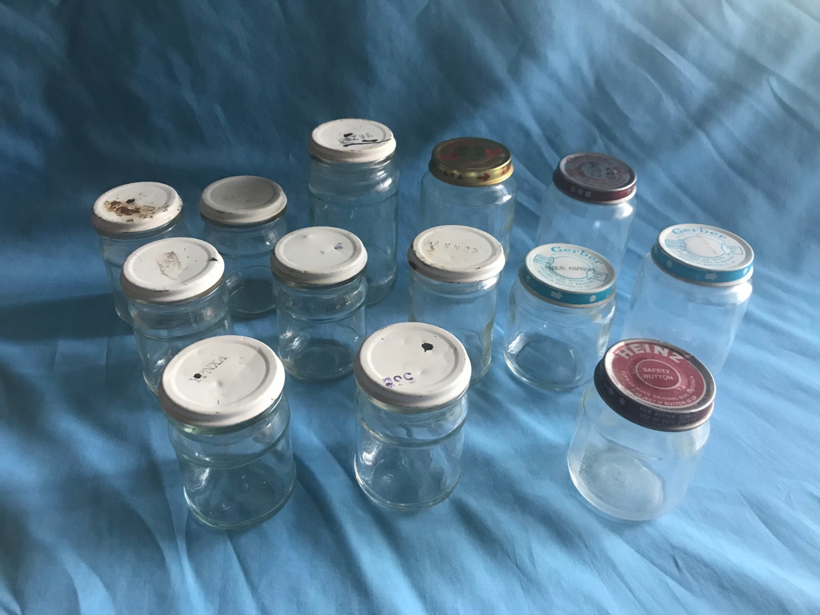 Lot of 13 Assorted Used Empty Gerber Heinz & Other Baby Food Jars with Lids