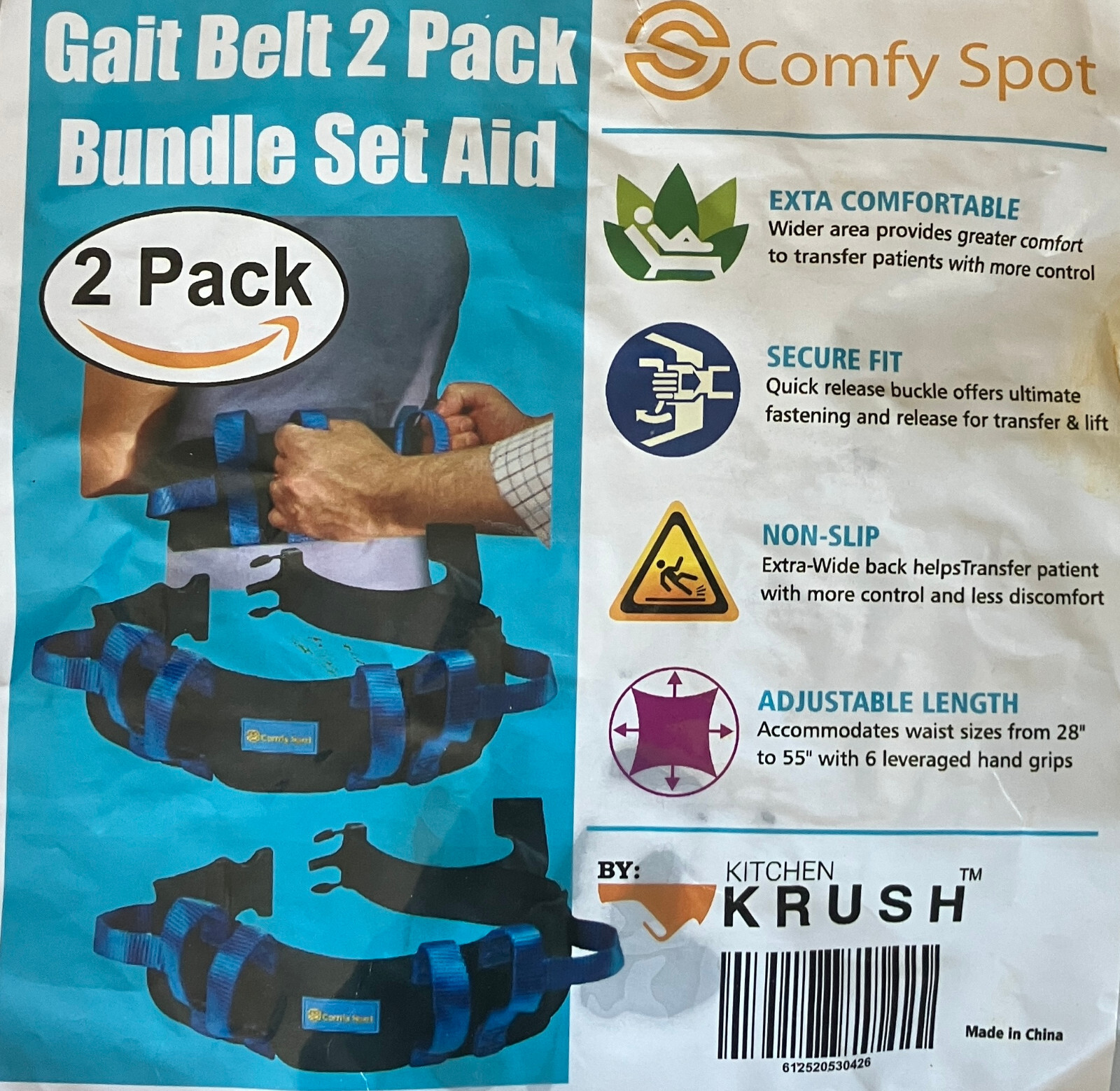 Gait Belt 2-PK Transfer Walking w EZ Release Buckle 6 Handles 28"-52" Comfy Spot