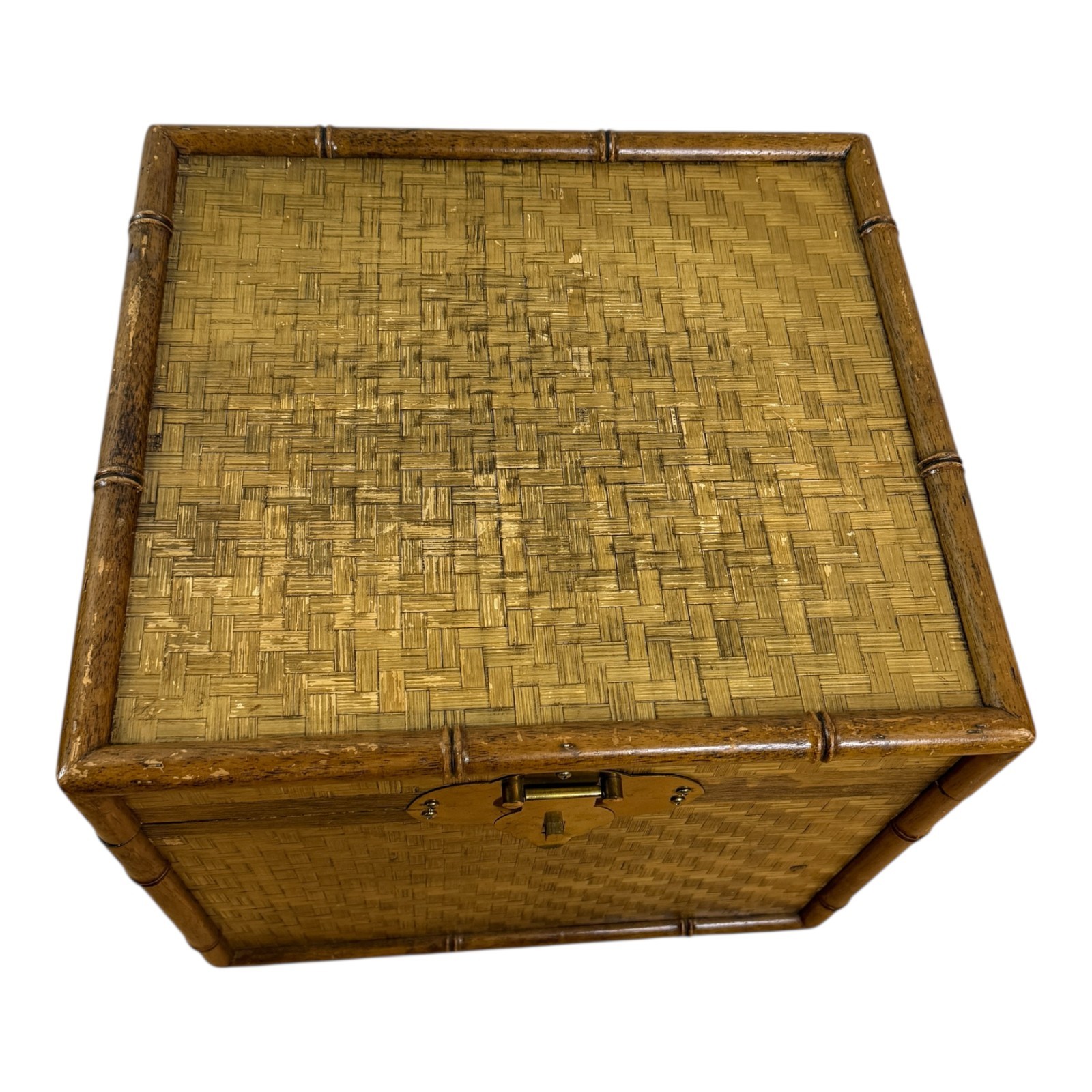 Vintage Bamboo Lidded Chest Trunk Hamper Herringbone Woven Wicker