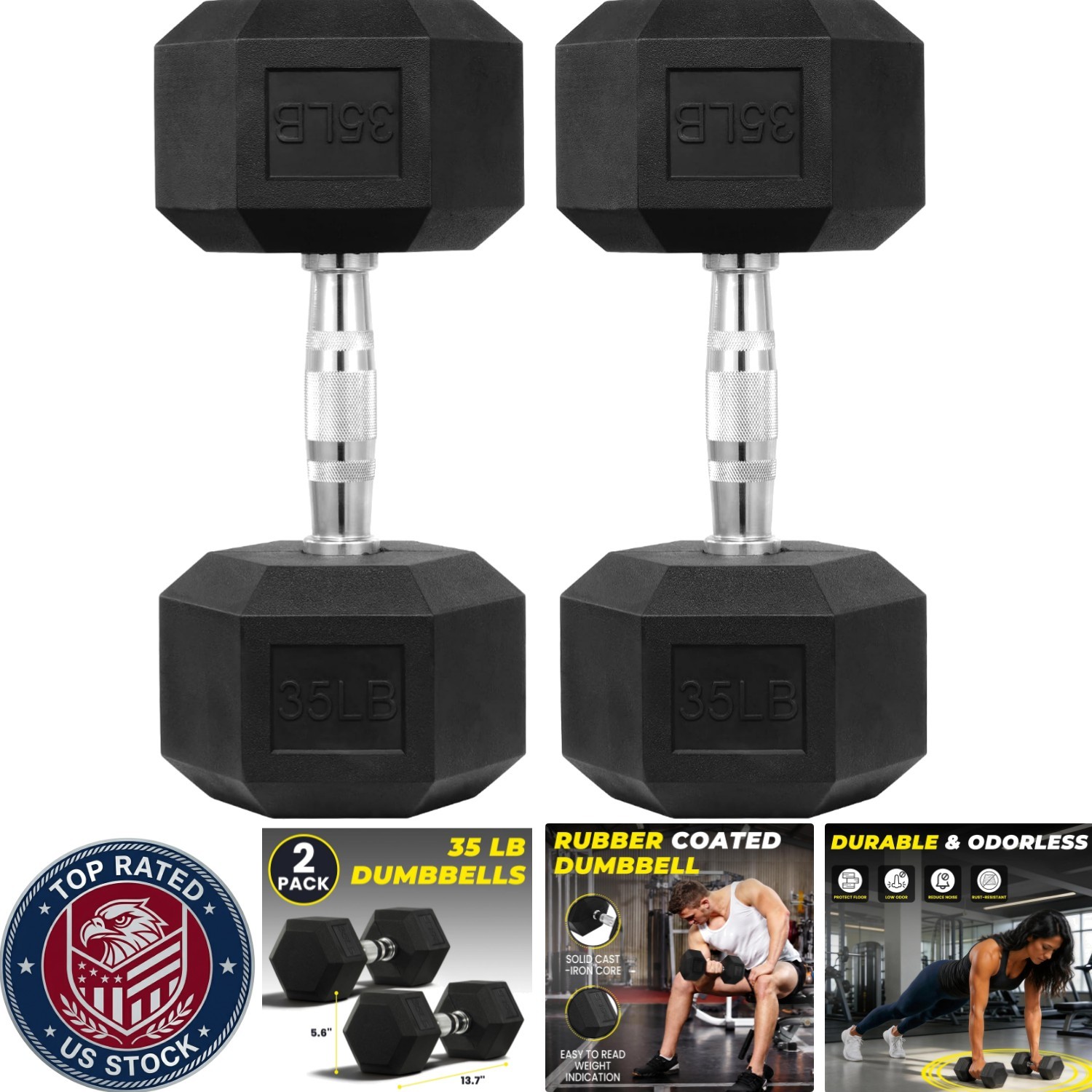 Durable 35 Lbs Rubber Coated Hex Dumbbell Set - Safe and Non-Slip for Home Gym