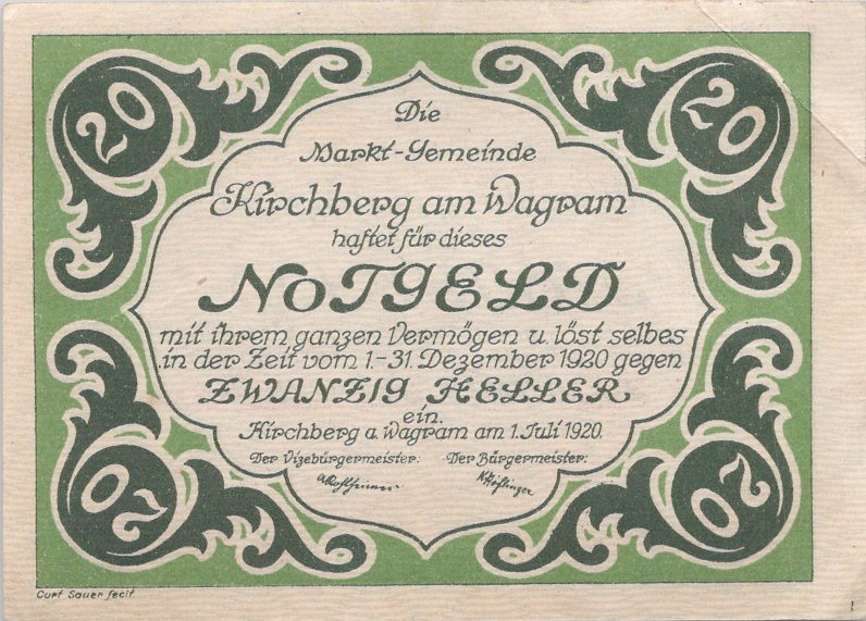 Austria Notgeld Kirchberg 20 Heller 1920 Vintage Paper Money Banknote VF