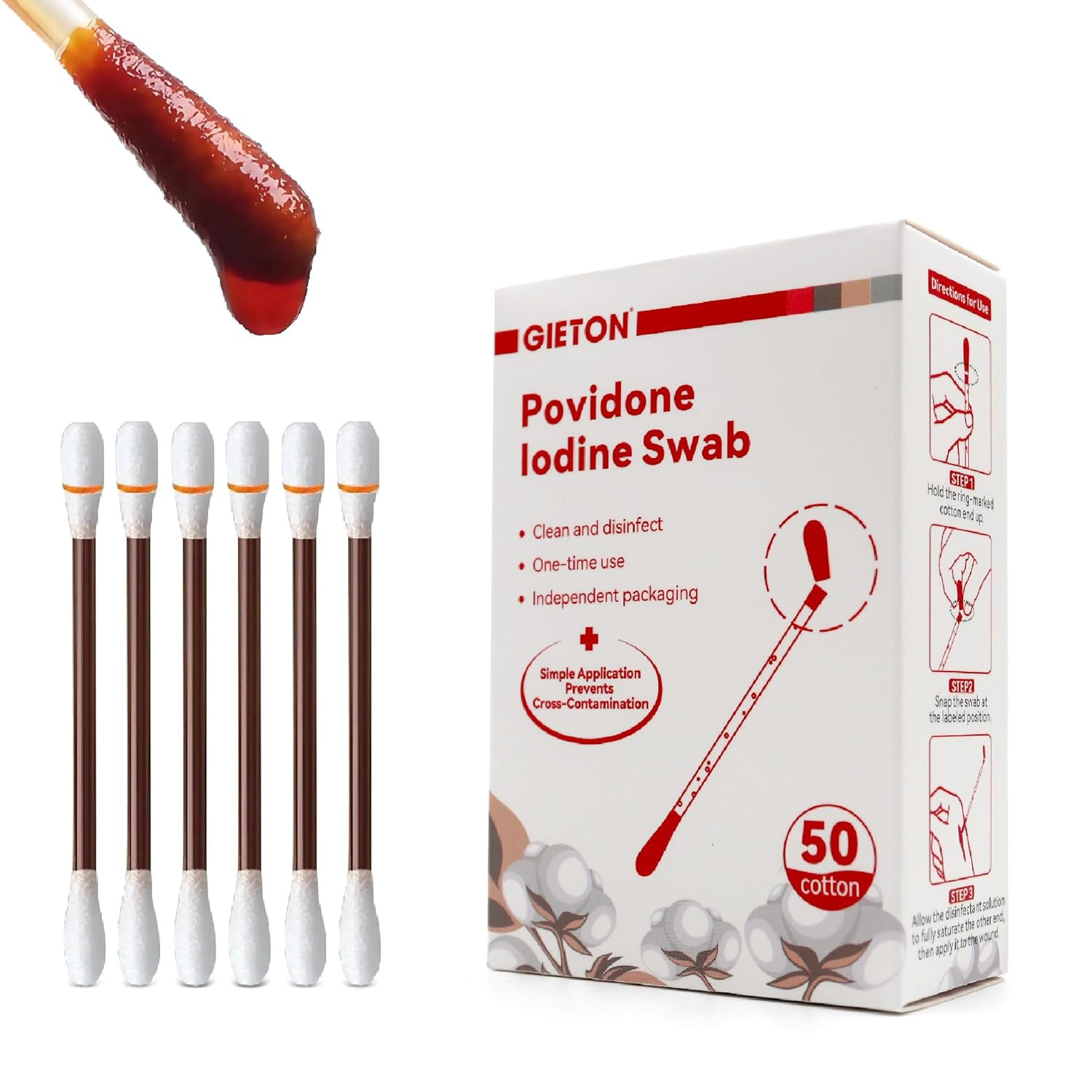 50-Count Disposable Povidone Iodine Swabs, Iodine Cotton Swabs, Iodine Swabstick