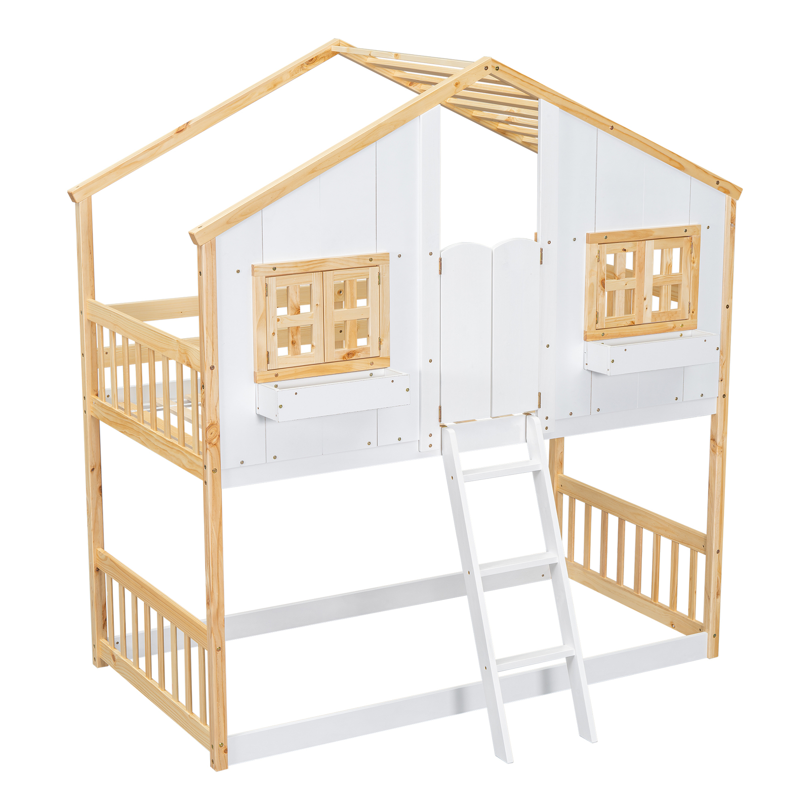 Twin over Twin House Bunk Bed Frame With Roof /Window/Door/Ladder Natural White
