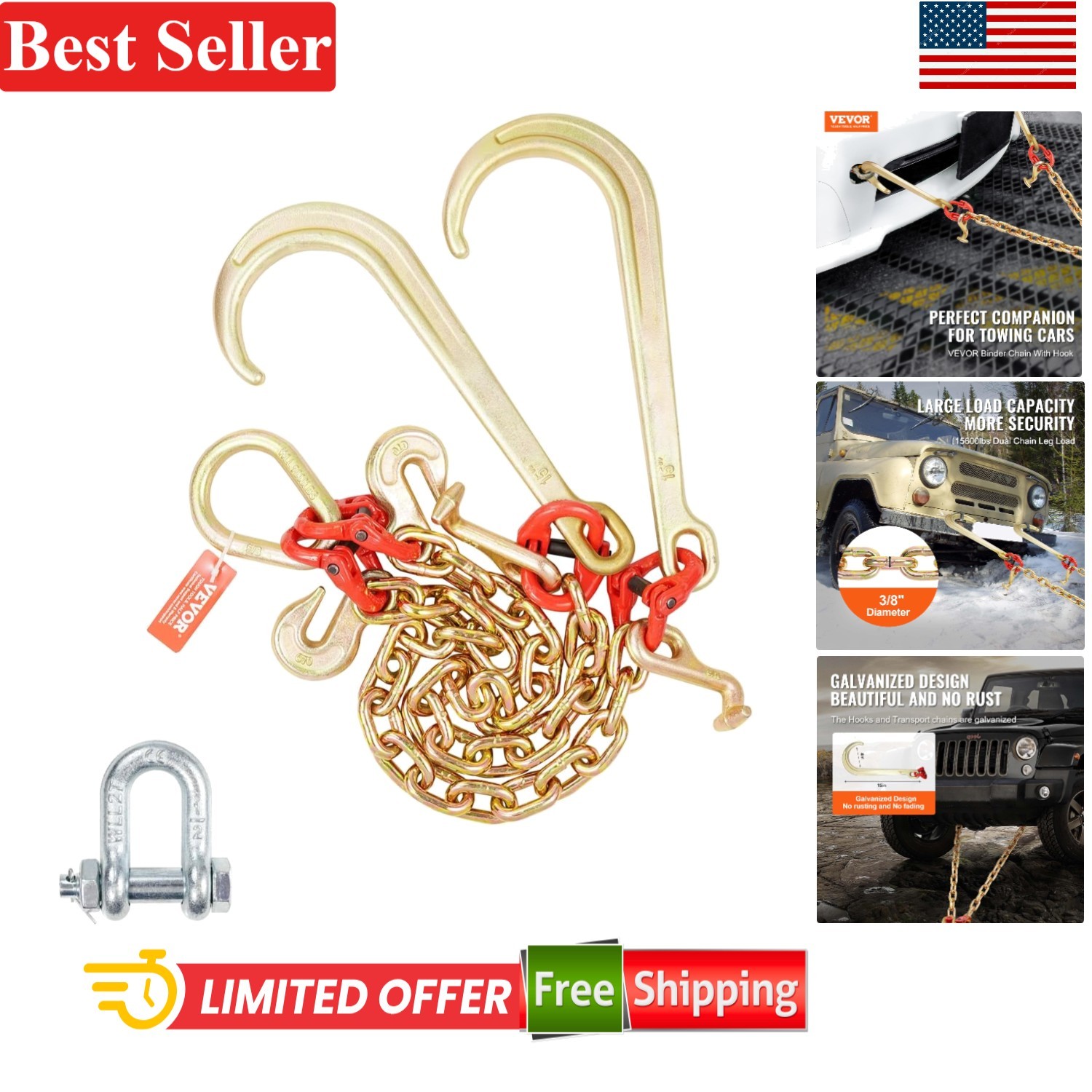 Heavy Duty 3/8" x 2' Towing Chain with J, T & Grab Hooks - 15600 lbs Capacity