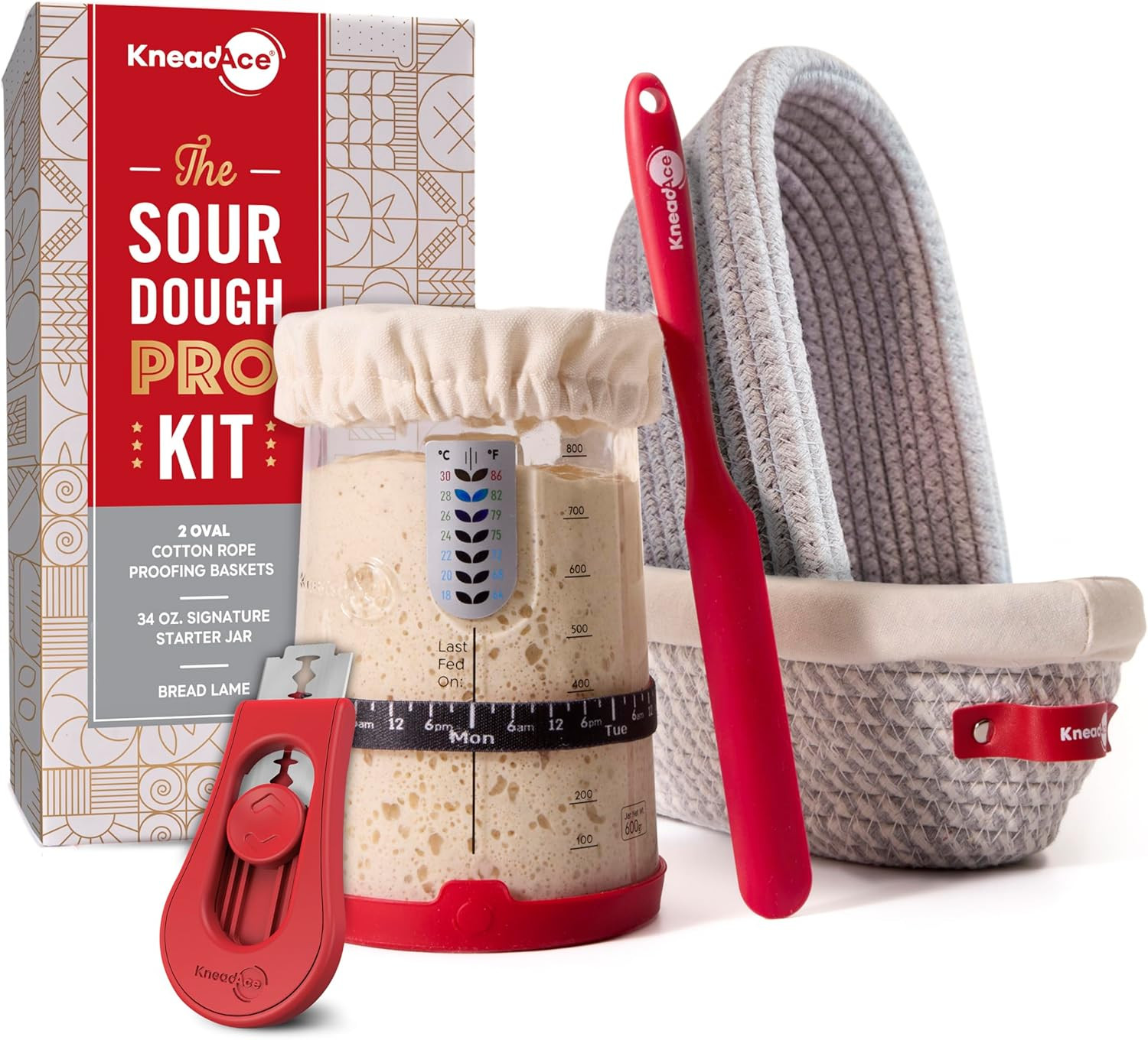Kit iniciador masa madre frasco de 34oz 2 canastas ovales cuchilla pan roja