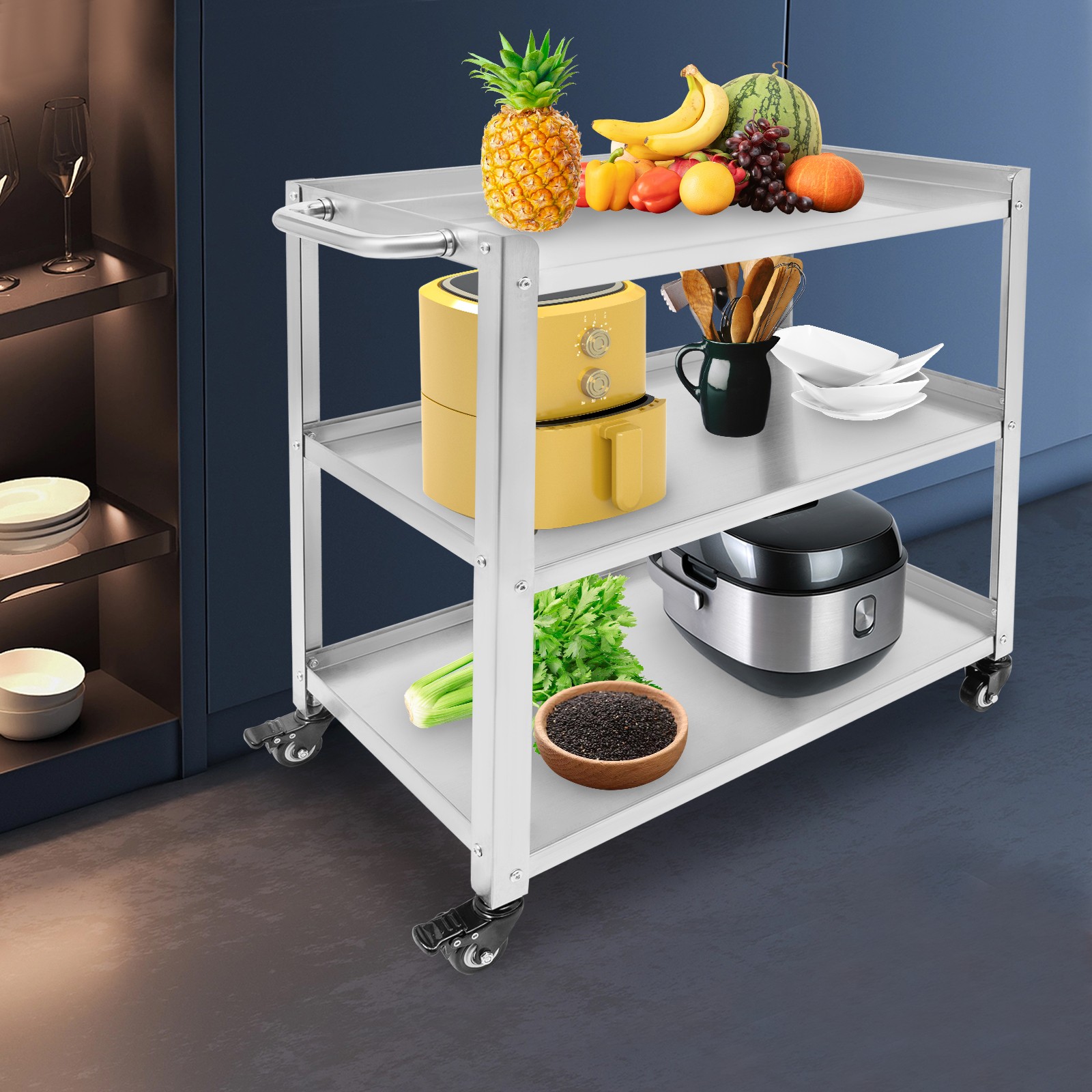 3-Tier Kitchen Trolley Cart Stainless Steel Serving Storage Rolling Cart Rack