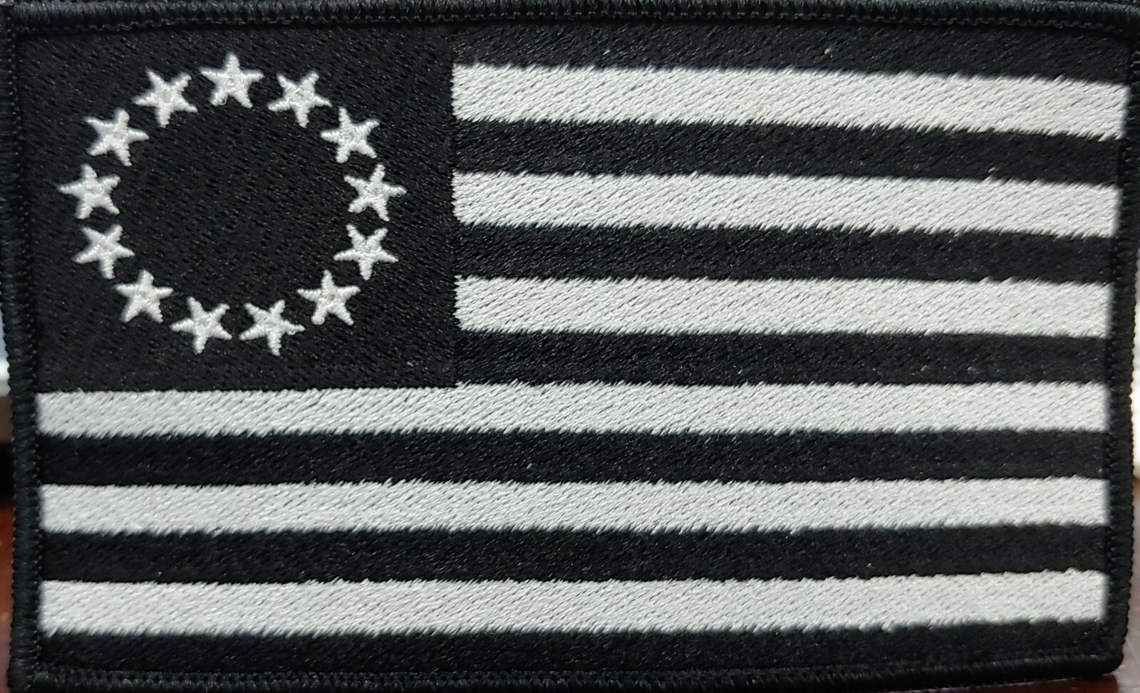 Betsy Ross USA Flag Patch W/ Hook Adhesive Fastener 5 X 3 Black & White Version