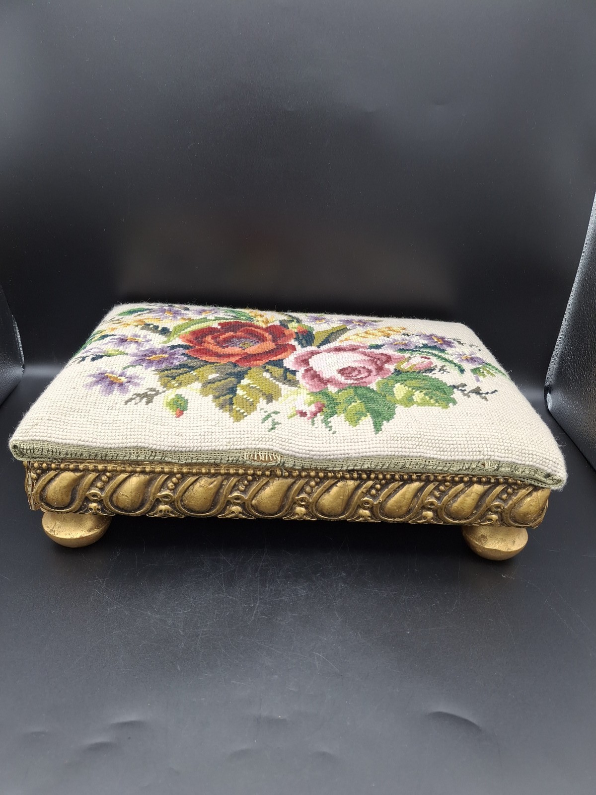 Petit point foot rest gilt foot stool vintage sweden