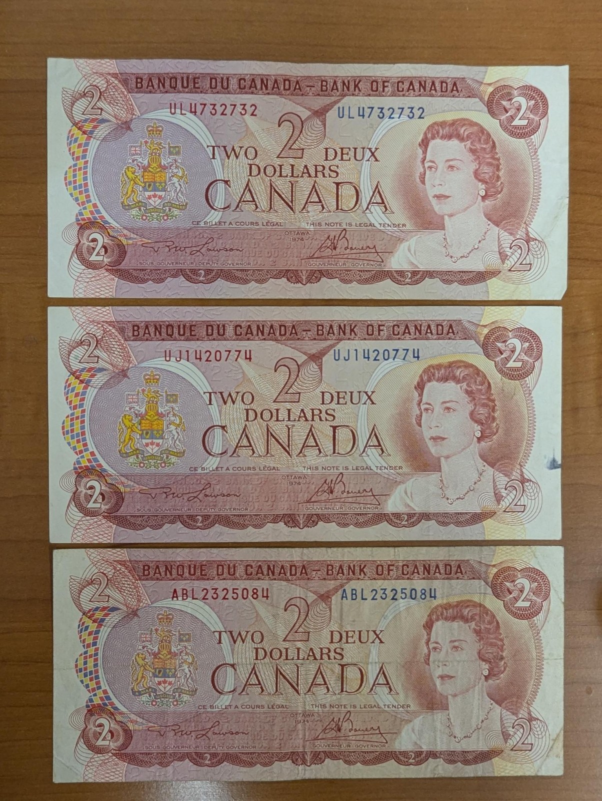 Lot of Three 1974 Canada $2 Two Dollar Bills Ottawa Note - US Seller - Free Ship