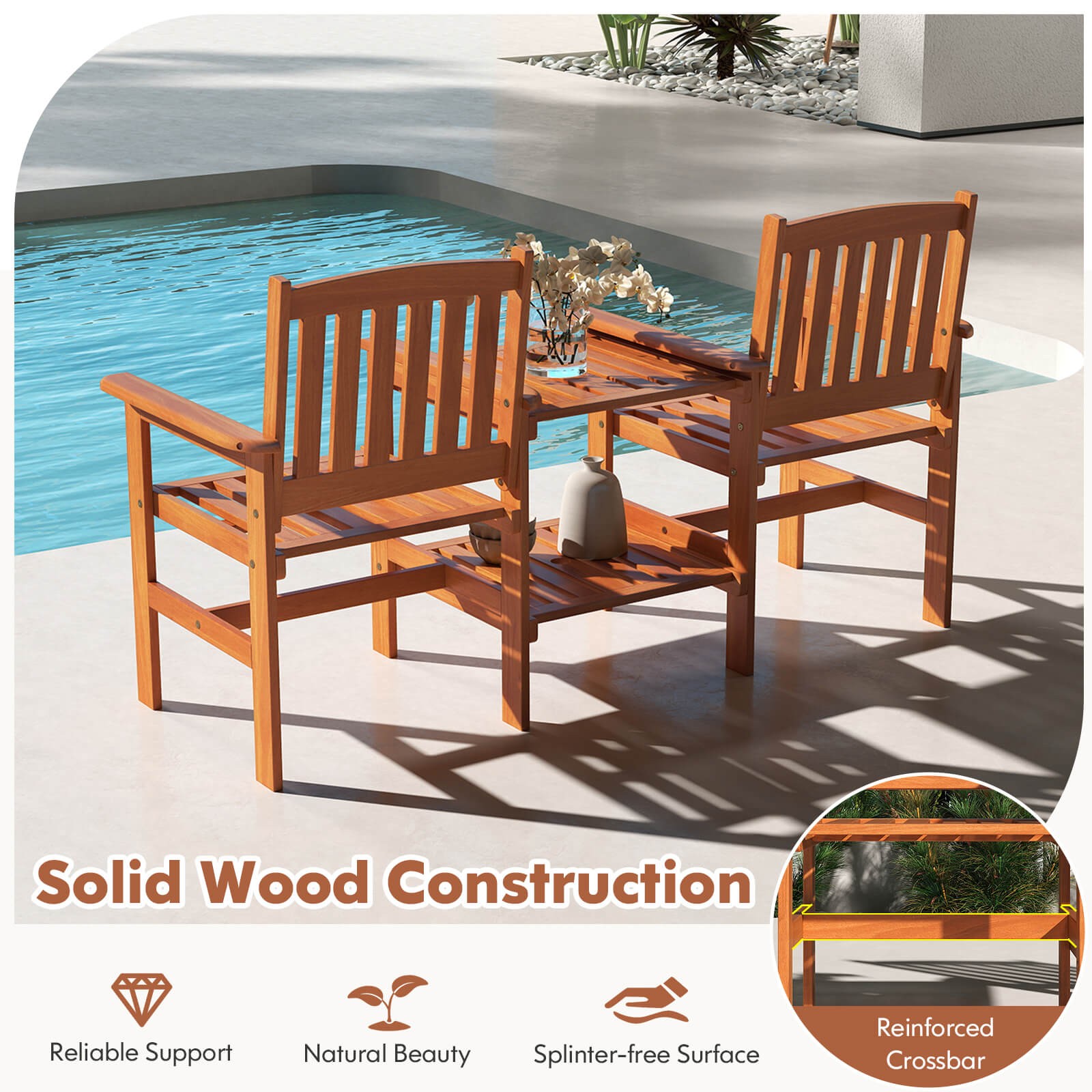 Outdoor Wood Bench Loveseat with Built-in Table 1.57" Umbrella Hole for Porch