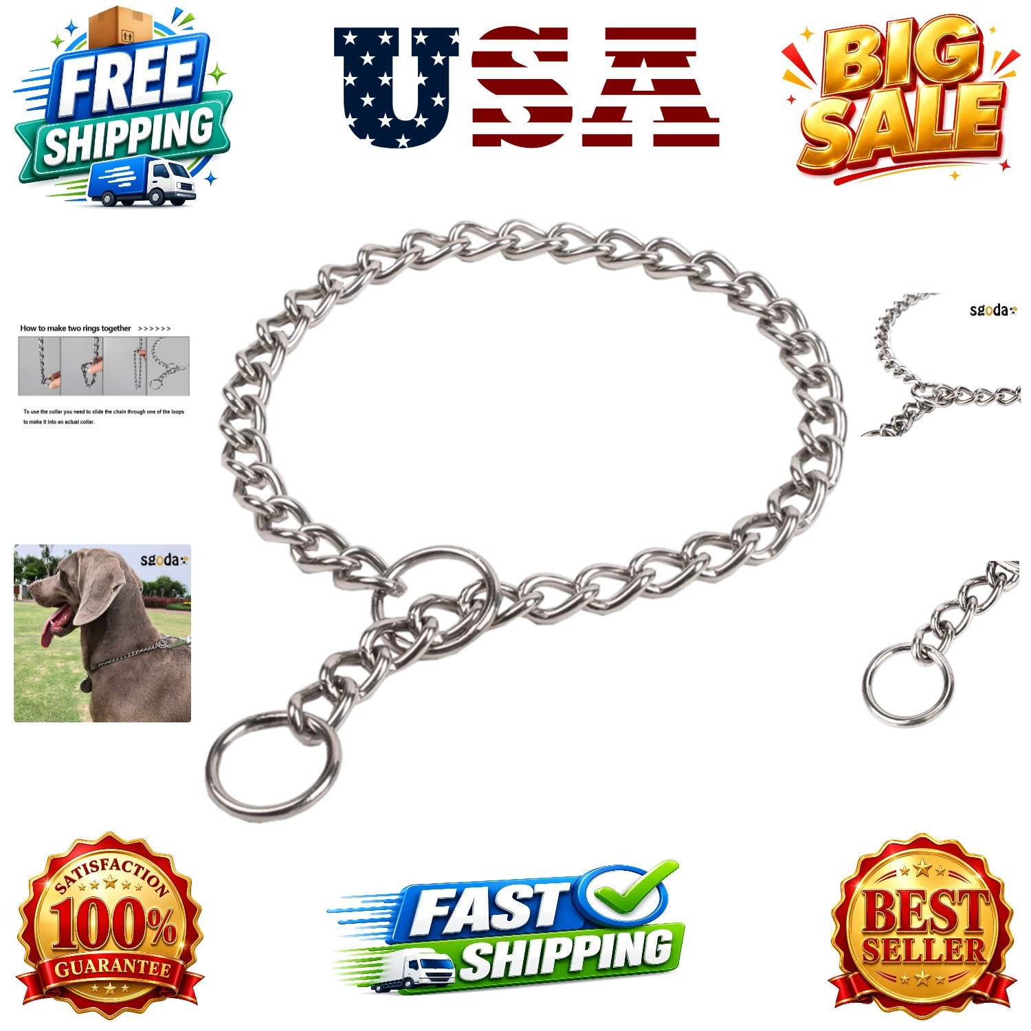 Dog Chain Collar Training Choke Collar, 16 in, 2.3 mm