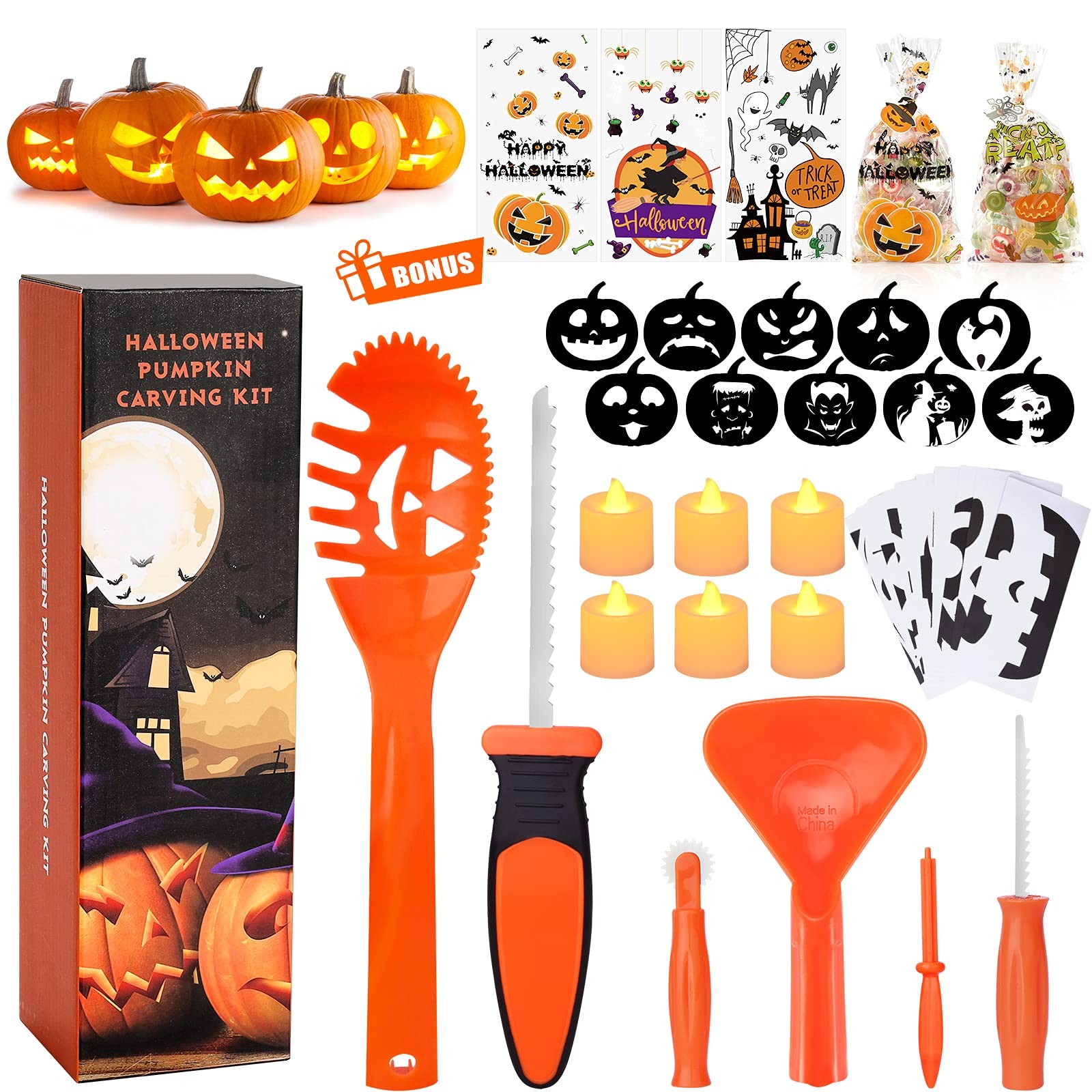 6 Easy Halloween Pumpkin Carving Tools Set, 2 LED Candles & 10 Stencils