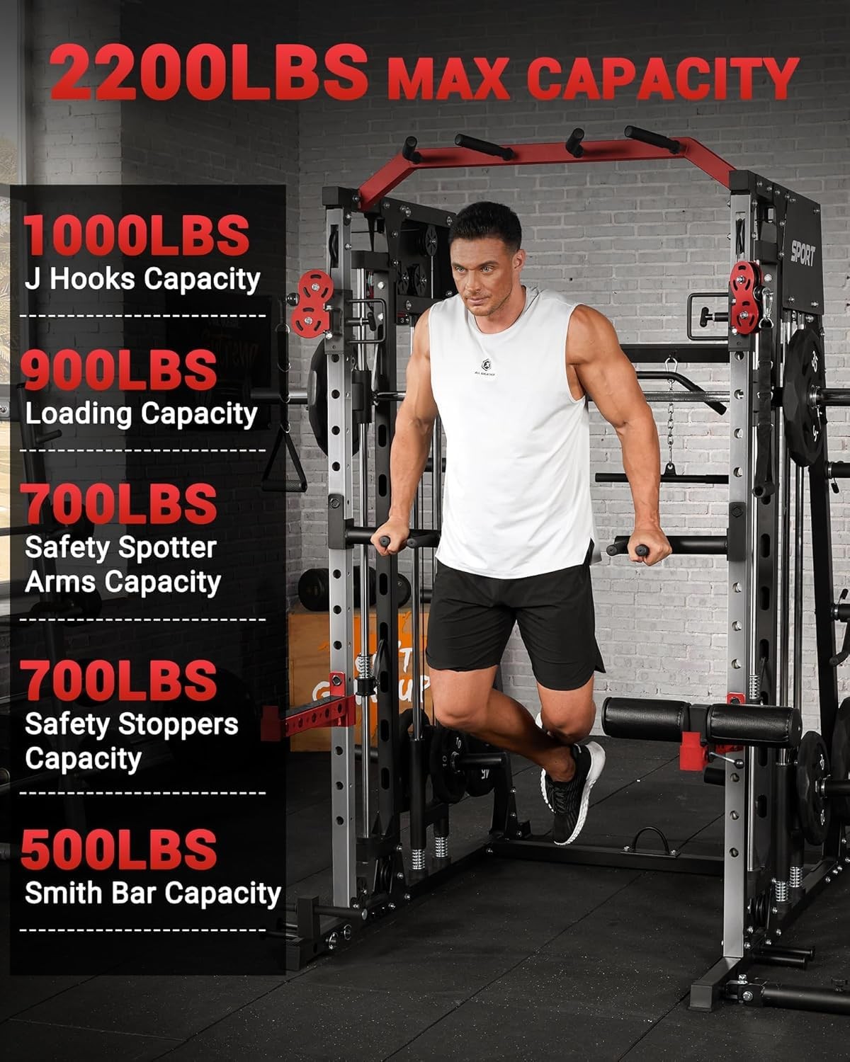 Smith Machine Home Gym 2200LBS Squat Rack Power Cage with LAT Pull-Down ,Workout