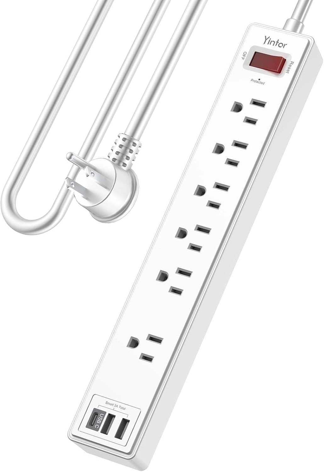Listed 6 Ft Surge Protector with 6 AC Outlets & Smart USB Charging – White