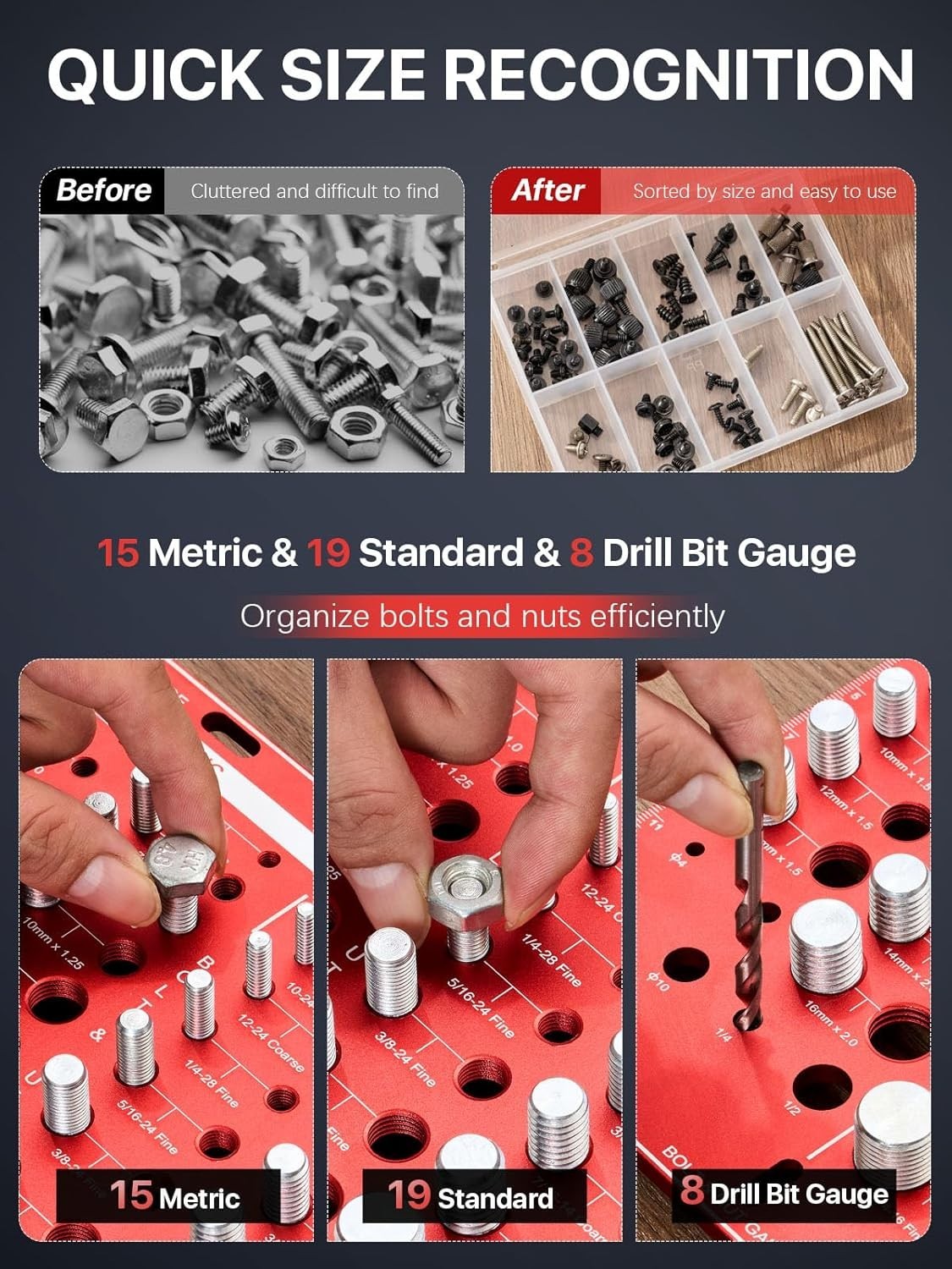 42 Nut and Bolt Thread Checker, 15 Metric & 19 Standard & 8 Drill Bit Gauge