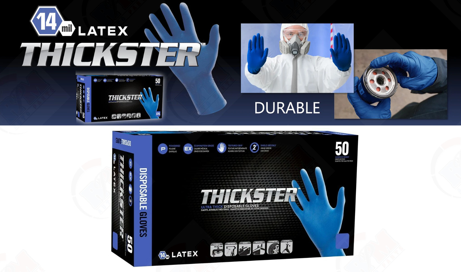Gloves THICKSTER Powdered Exam Grade Latex Ultra Thick 14mil LARGE 50Pcs SAS6603