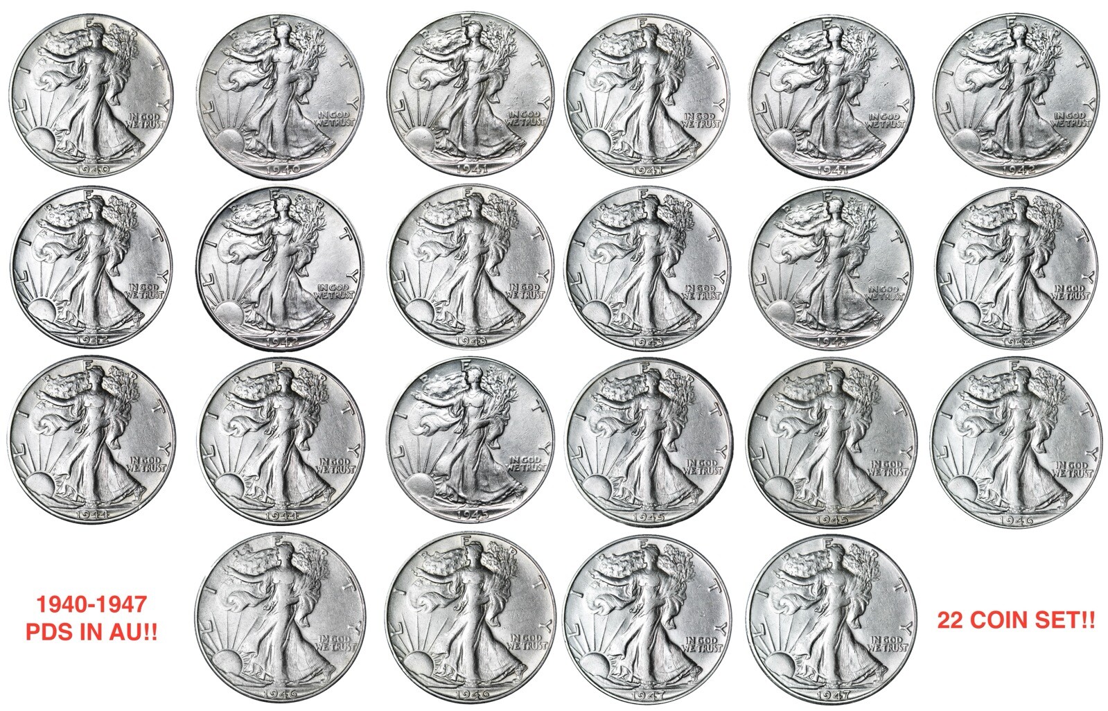 1940-1947 PDS Short Set Walking Liberty Half Dollar 22 AU Coins!!