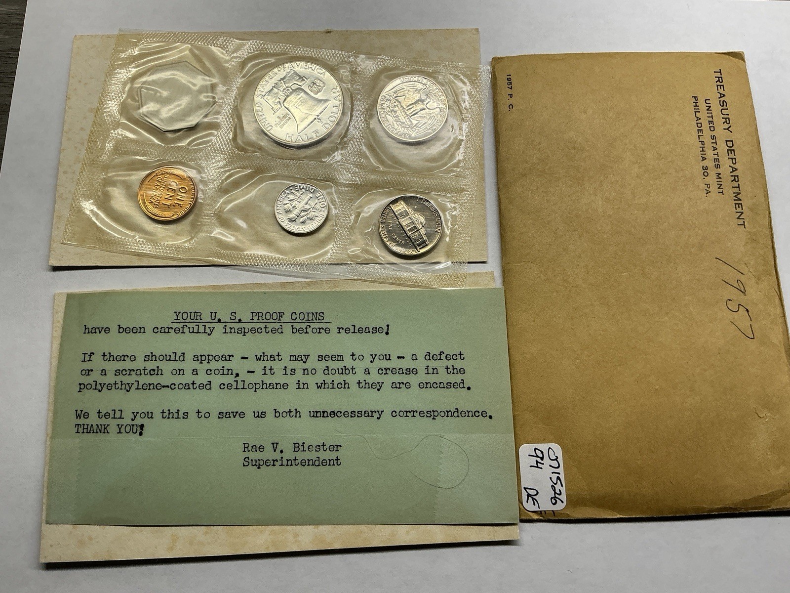 1957 US Mint Silver Proof 5 Coin Set in Flat Pack Envelope 071526 94de