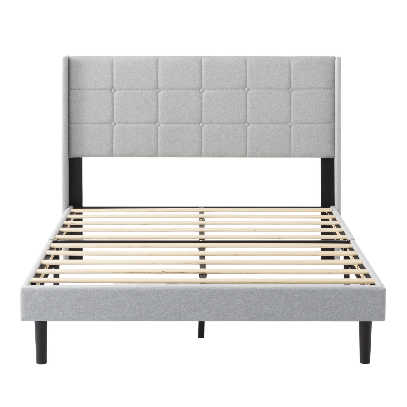 Full Size Platform Bed Frame with Upholstered Headboard, Light Gray