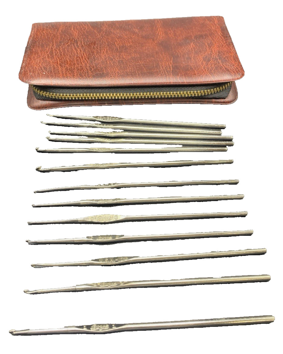 Vintage Boye Crochet Hook Set Metal Hooks w/ Case Mixed USA Markings