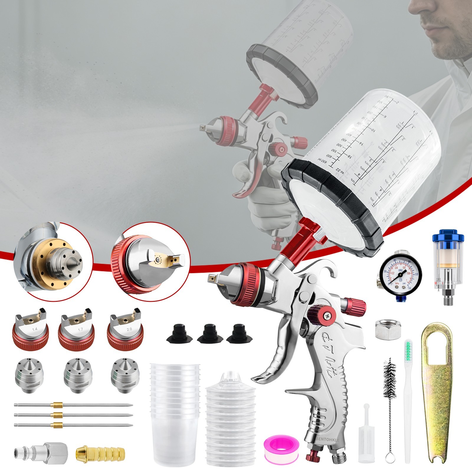 HVLP Air Spray Gun 10Pcs Disposable Paint Cups 1.4/1.7/2.0mm Oil-Water Separator