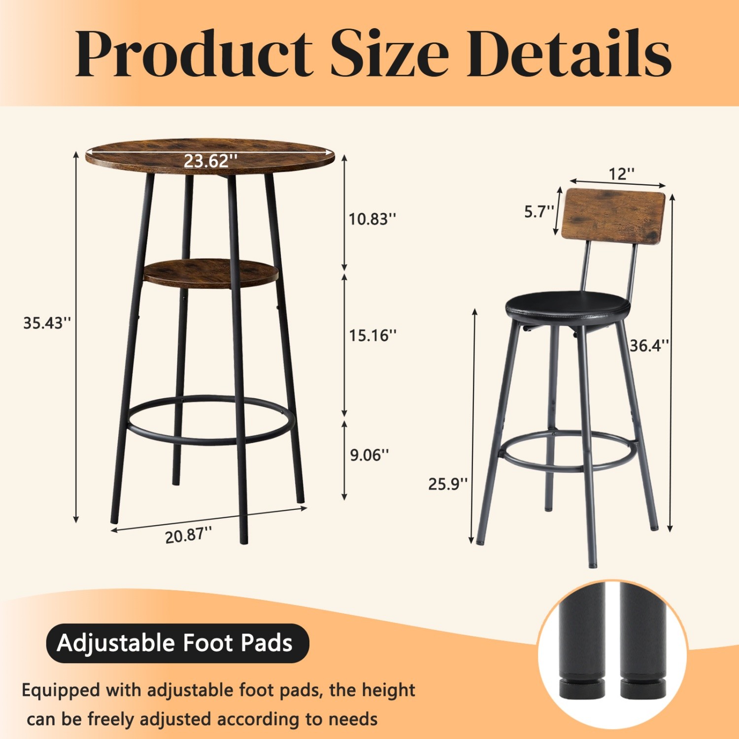 3 Piece Bar Table Set Round Counter Height Table w/ 2 PU Upholstered Bar Stools