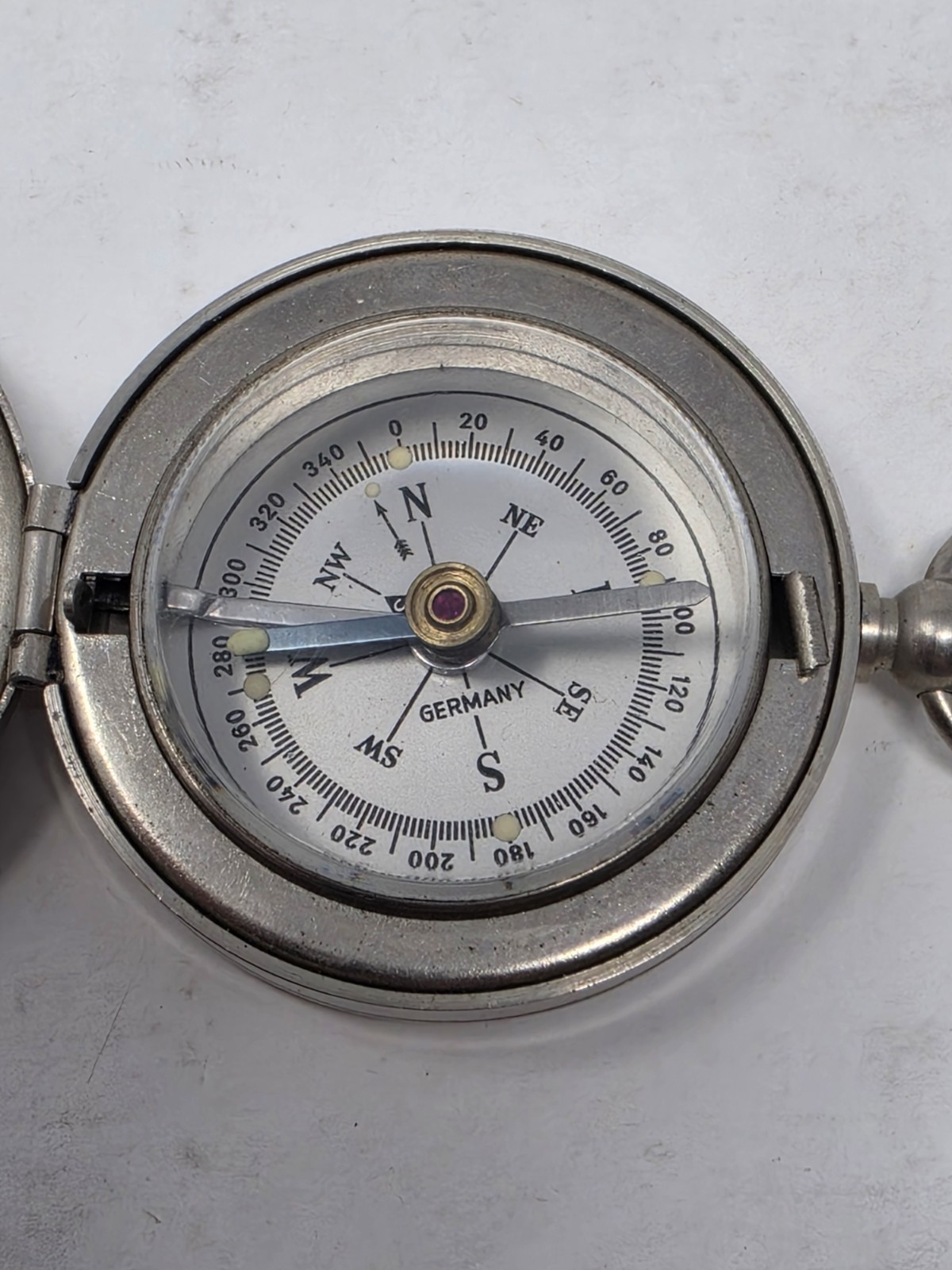 Vintage German Pocket Compass Silver Hunter Case Glow Luminous Dots Working