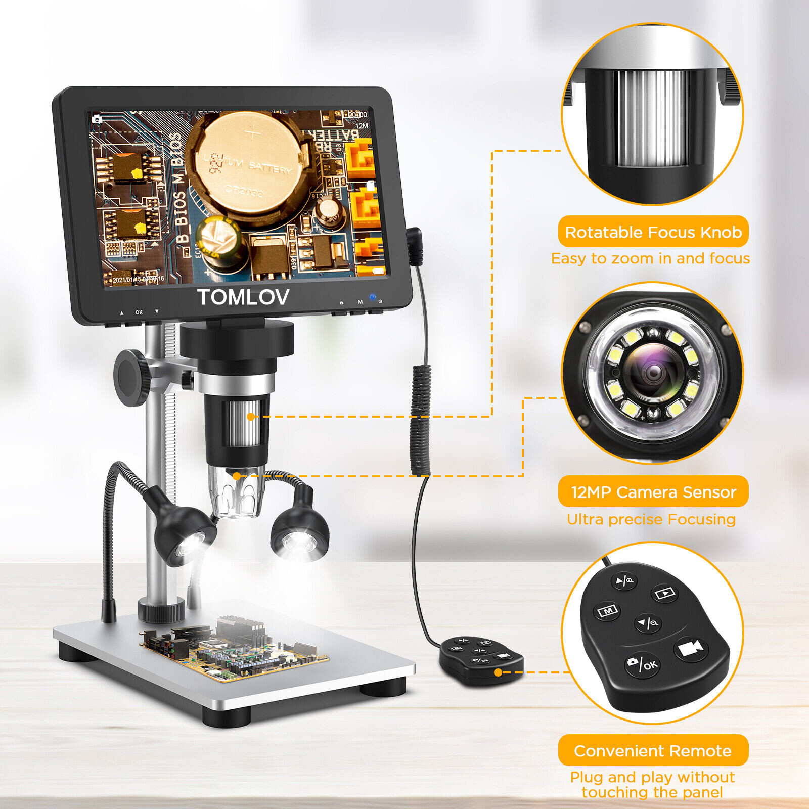 TOMLOV Digital Magnifier 1200X 7'' Coin Microscope camera Soldering Microscope