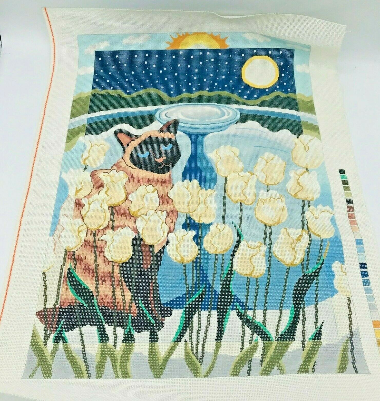 Huge Hand Painted Needlepoint Pattern Siamese Cat Tulips Sun & Moon Colorful