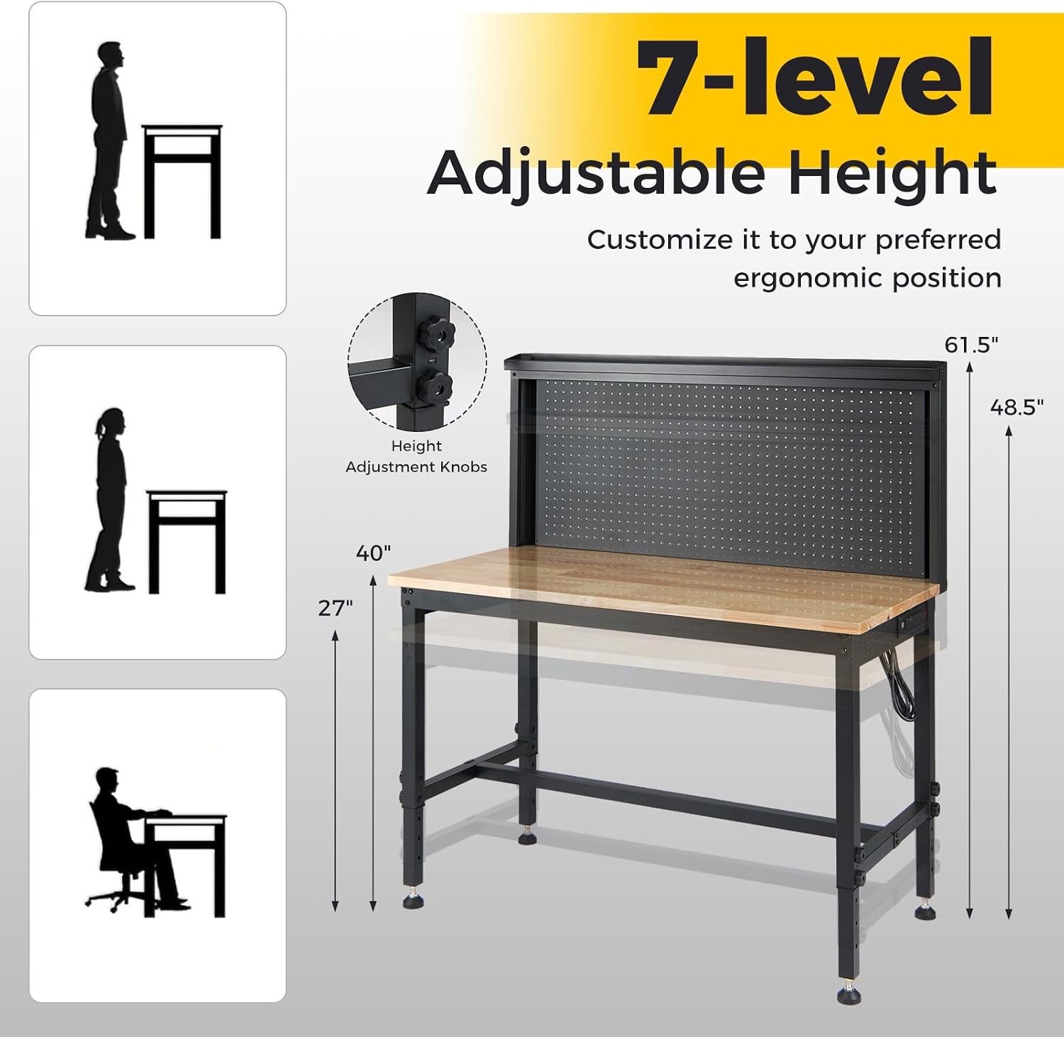 48" Workbench with AC/USB Outlets and Pegboard 2000 LBS Work Bench Adjustable