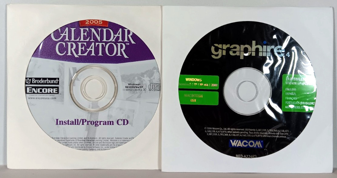 Lot of 5 Software Discs for XP-Wacom Graphire, Intellimouse, Motherboard, Monitr