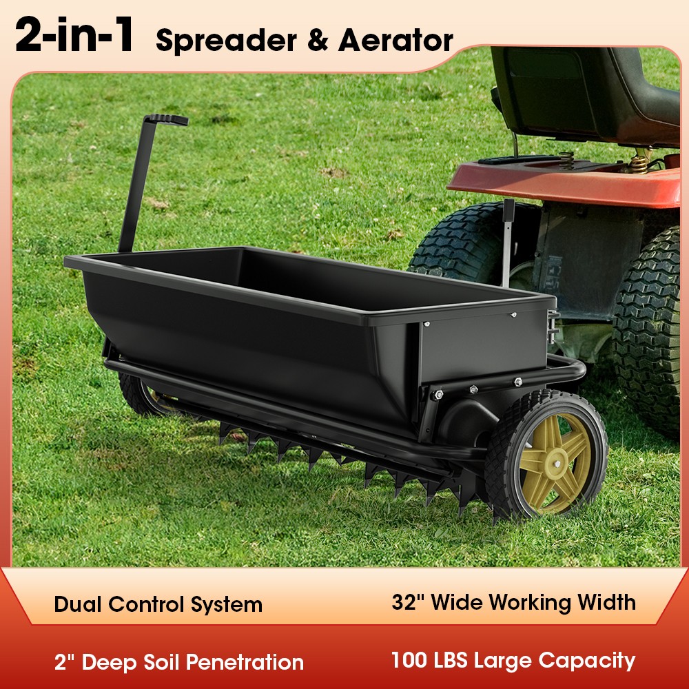 Heavy Duty 32 Inch Tow Behind Lawn Spreader w/Aeration Spikes 100 LBS Capacity