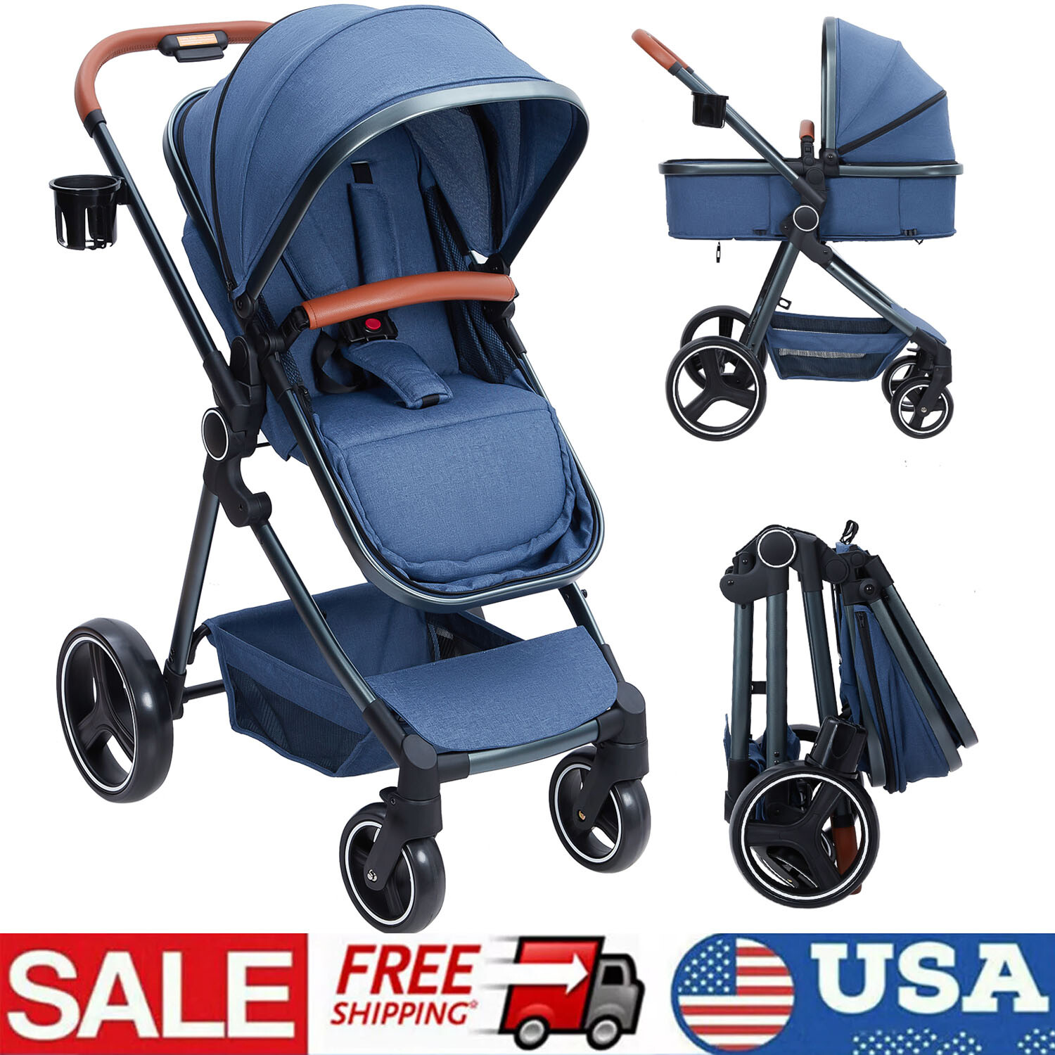 Baby Stroller With Adjustable Canopy, High Landscape Baby Stroller for Newborn