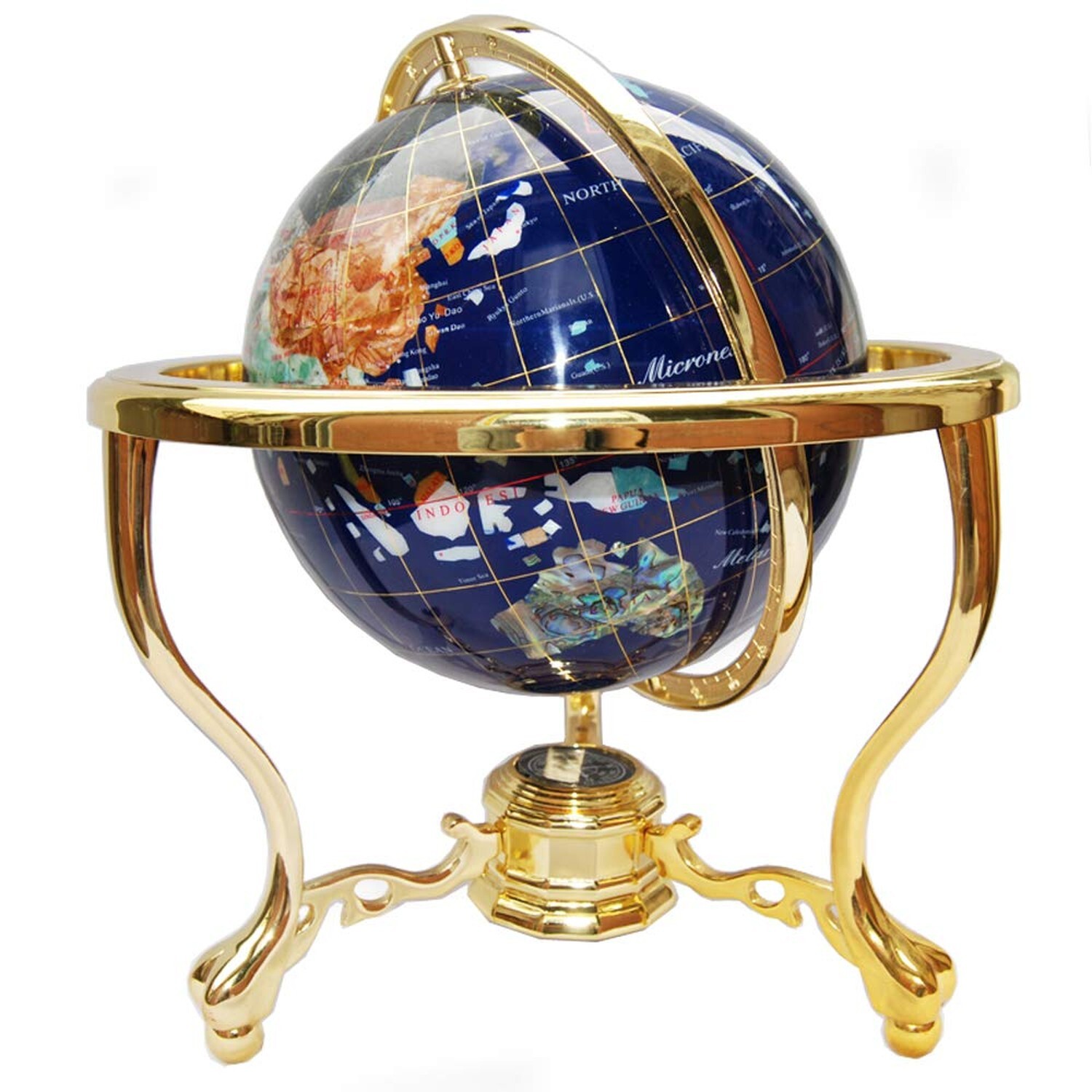 Unique Art Since 1996 14" Tall Blue Lapis Ocean Gemstone Globe with Tripod Go...