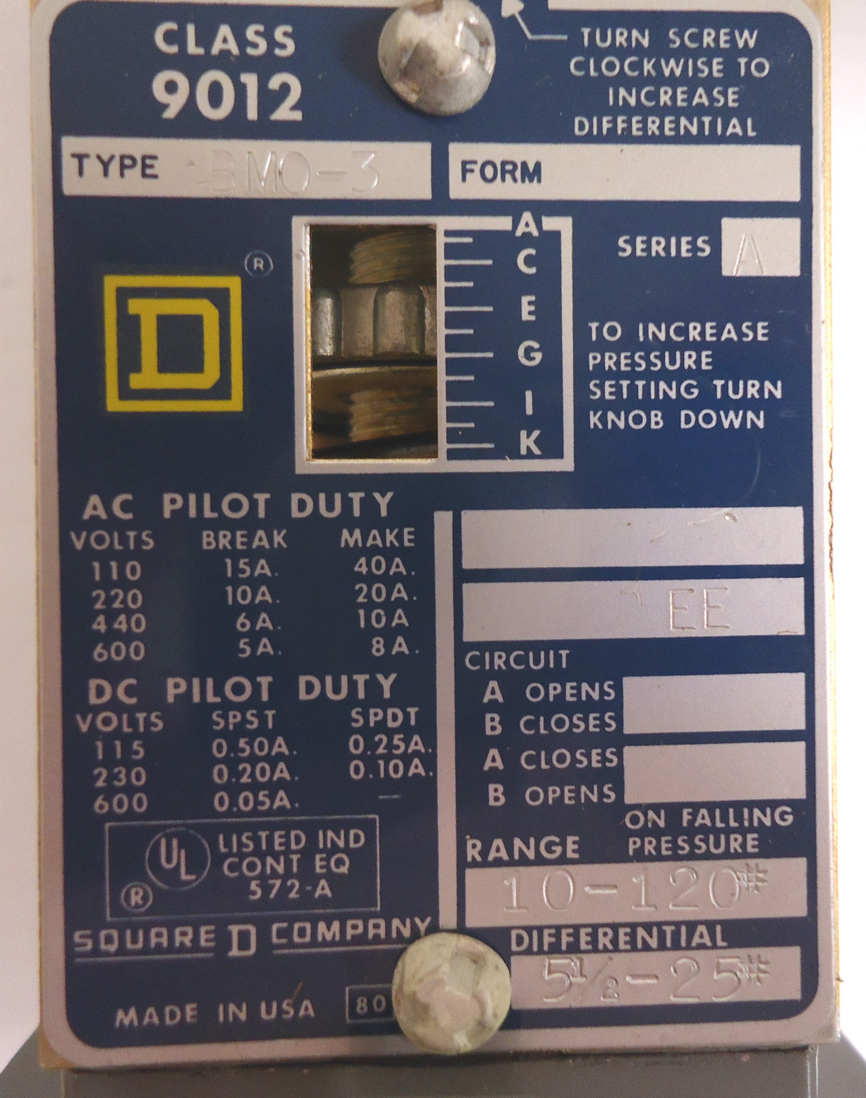 Square D 9012-BMO-3 SER A Pressure Switch