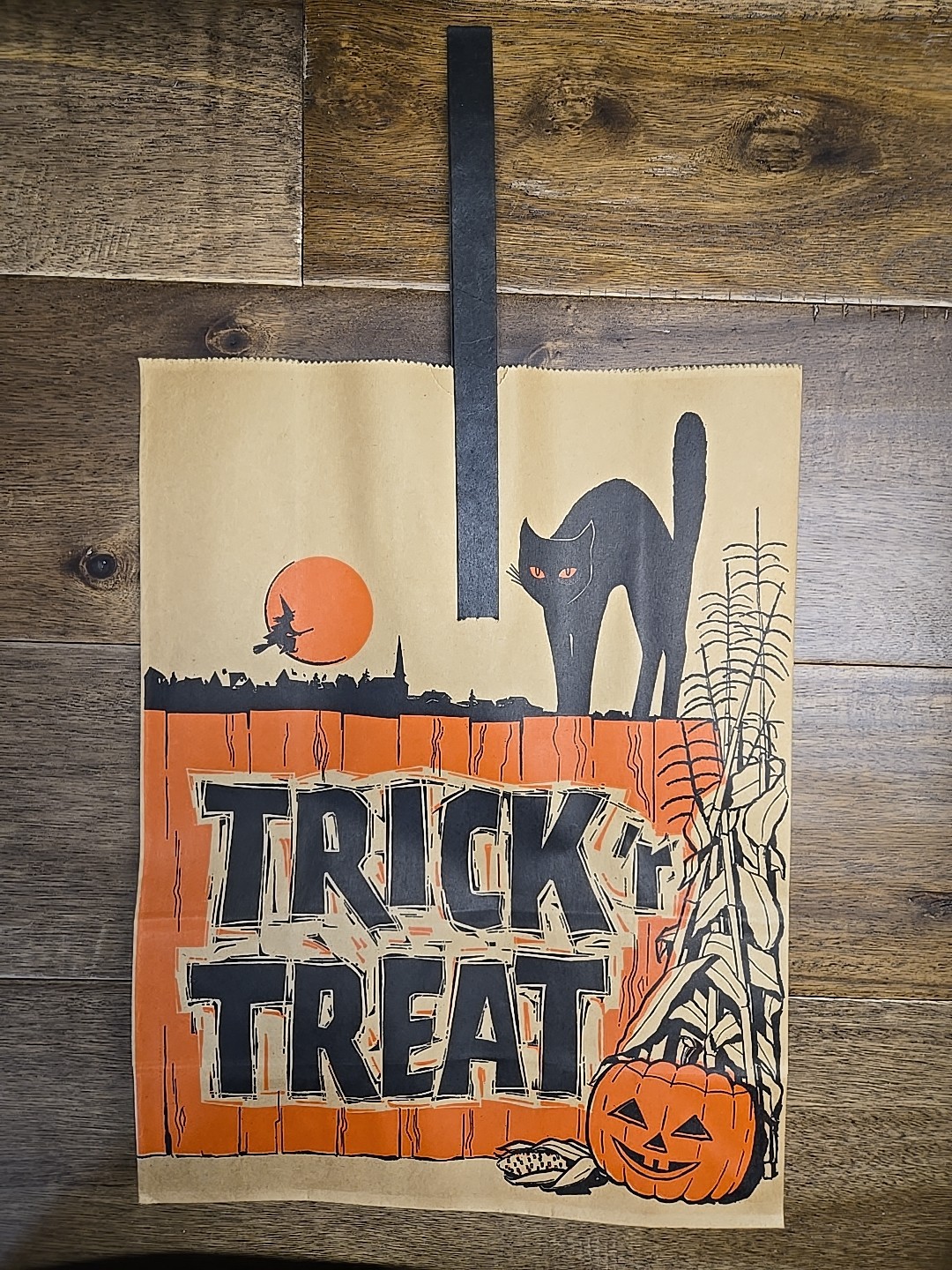 Vintage NOS 13x16 Halloween Paper TRICK 'r TREAT Candy Bag Pumpkins Black Cat
