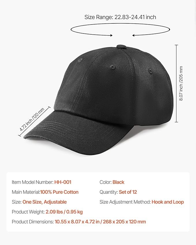 12 Pack Breathable 100% Cotton Baseball Caps Adjustable Blank Plain Hats Black