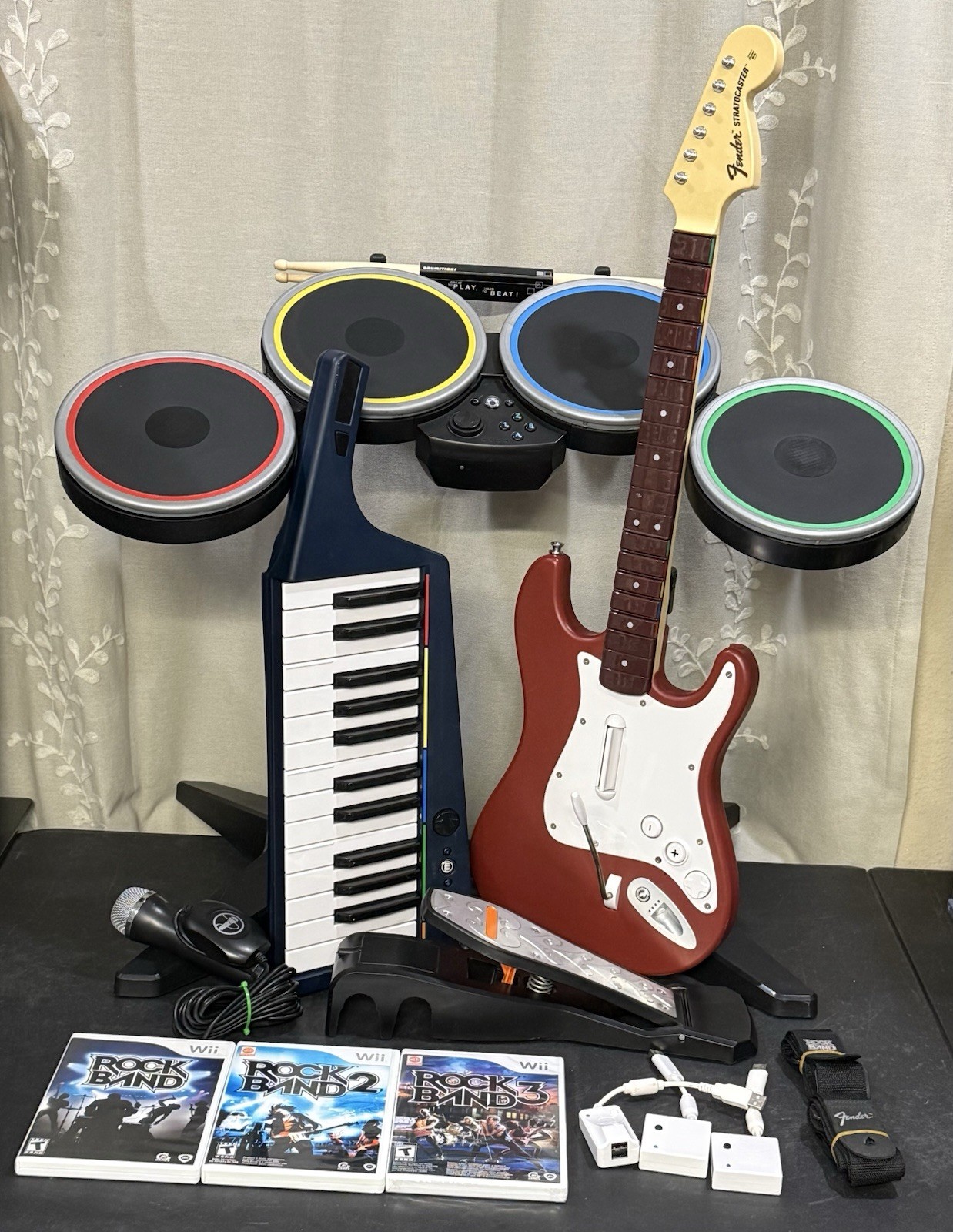 Nintendo Wii Rock Band Drum Set Kit Bundle Lot Guitar Keyboard Dongles Mic Games