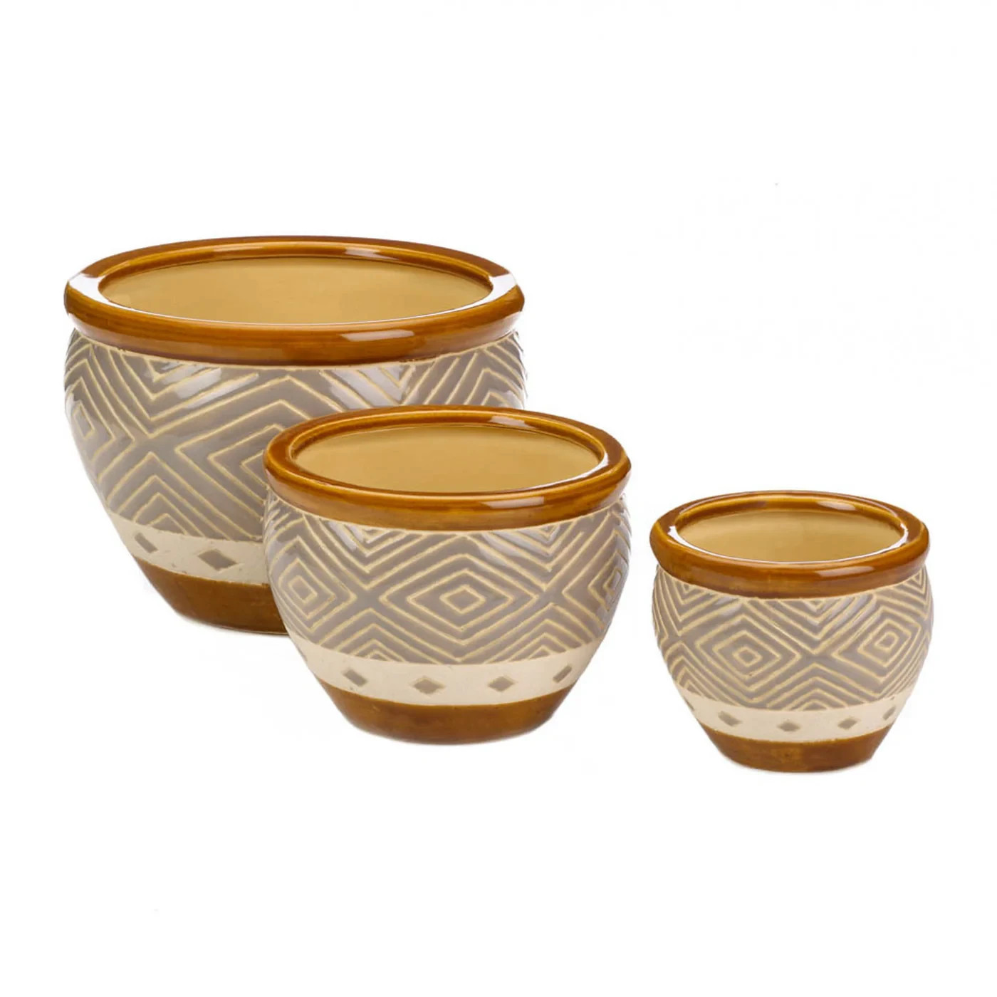 Durable Ceramic Earth Tone Trim Planter Trio Home & Graden Decorative Collection