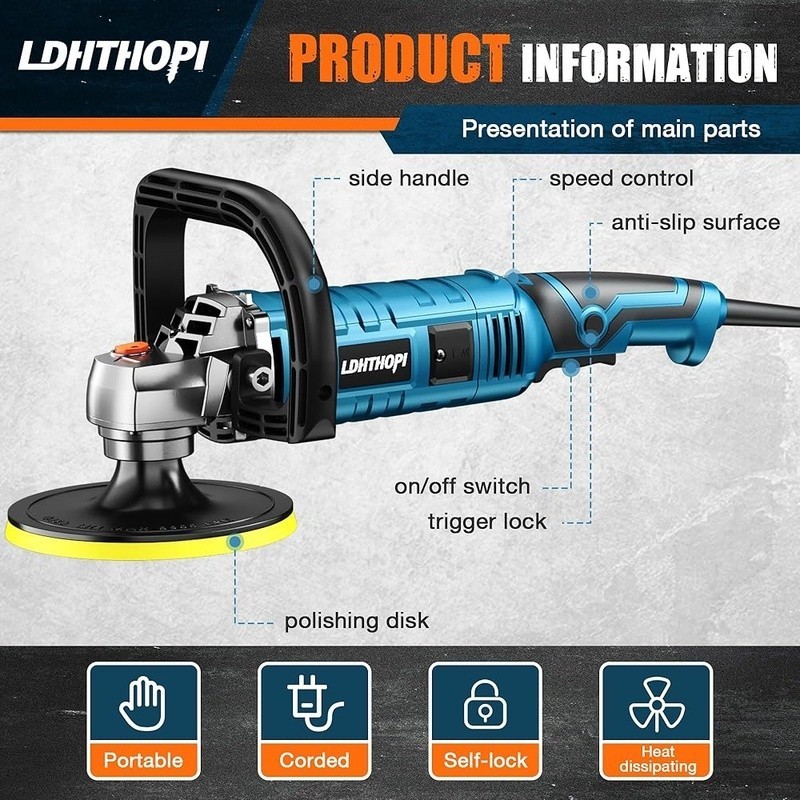 High Performance Buffer Polisher 1600W 7 Speeds 7 Pads Multi-Surface Use